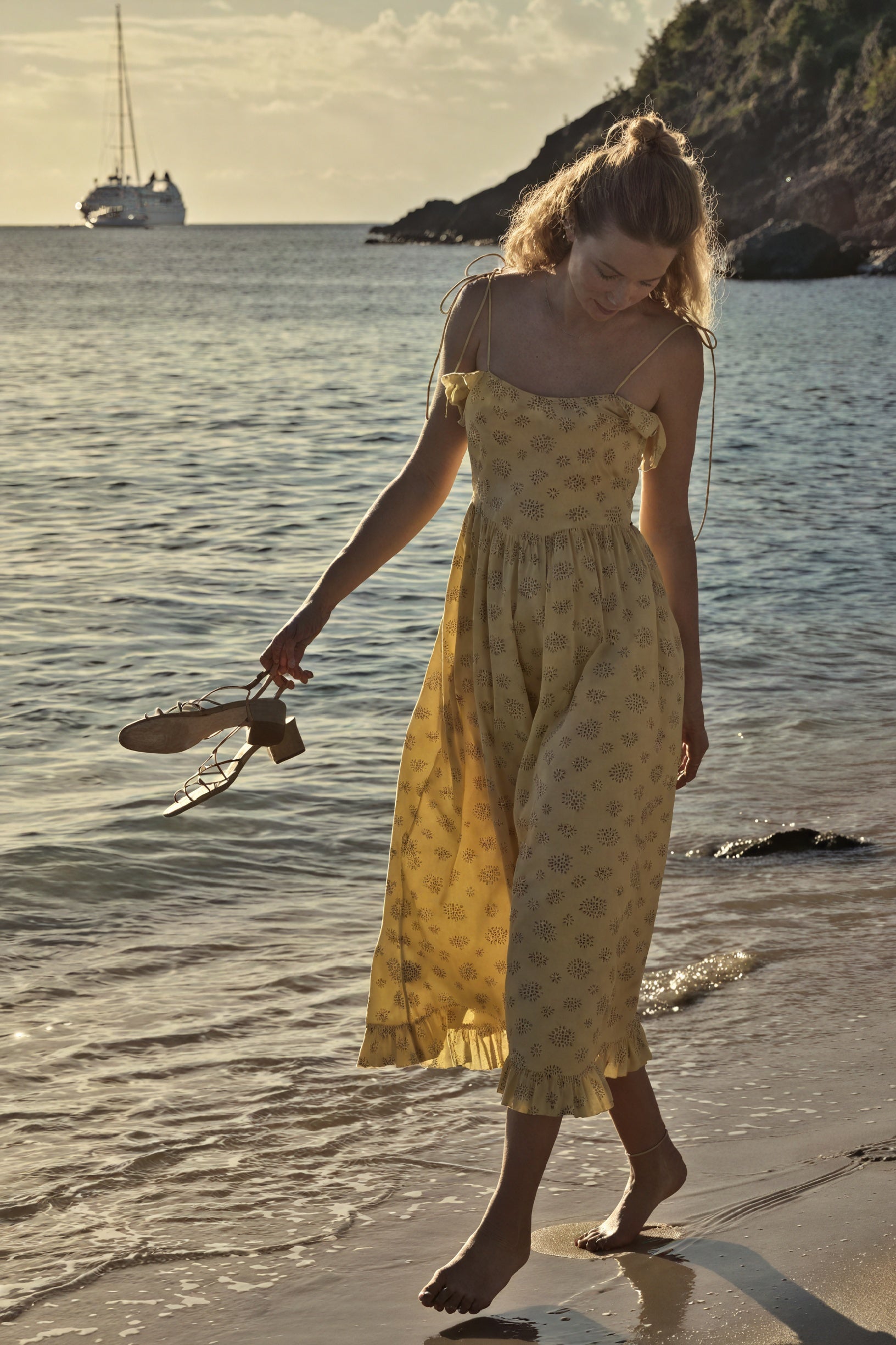 Women's Yellow Floral Cotton Midi Dress – Ruffled Trim, Spaghetti Strap-81012-6186026b-35ec-49b8-9a0d-c0f1030b4a64