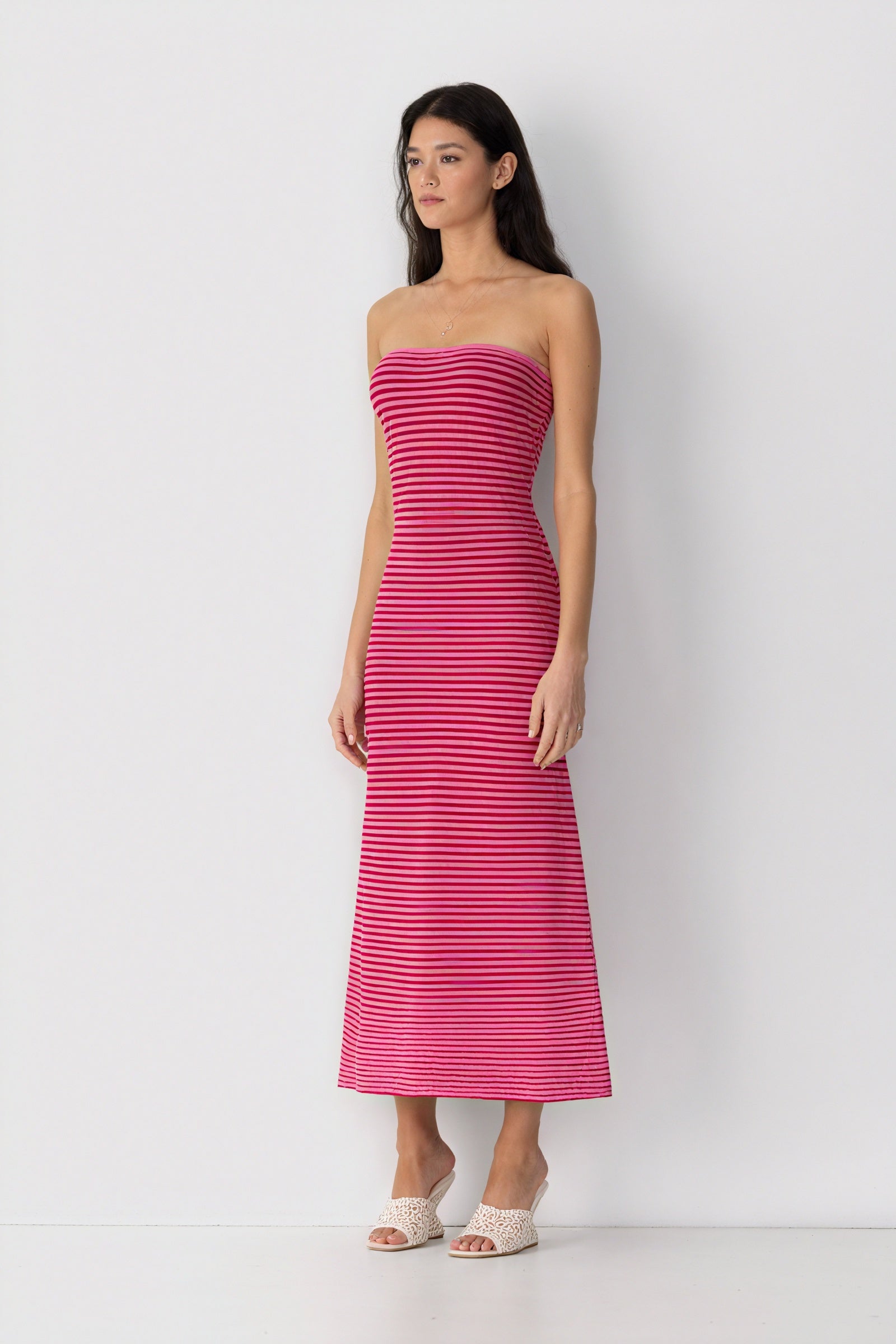 Women's Strapless Ribbed Knit Midi Dress, Horizontal Striped Pattern-81016-11da92d5-7dc1-4006-903a-63d4c0aec55d