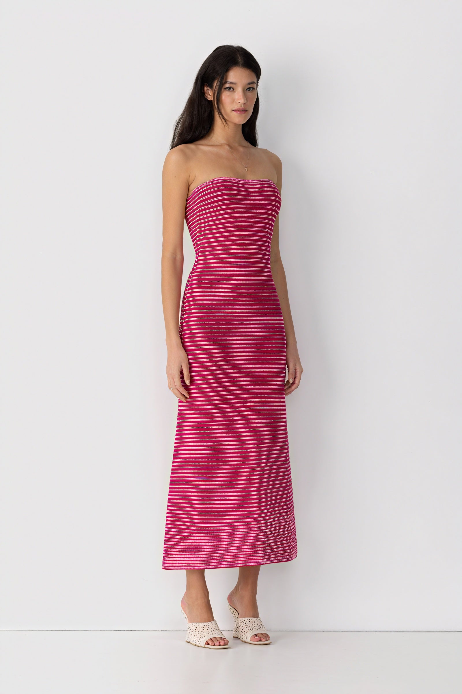Women's Strapless Ribbed Knit Midi Dress, Horizontal Striped Pattern-81016-1bf5e78c-5541-446a-956b-c3d8c119b6ca