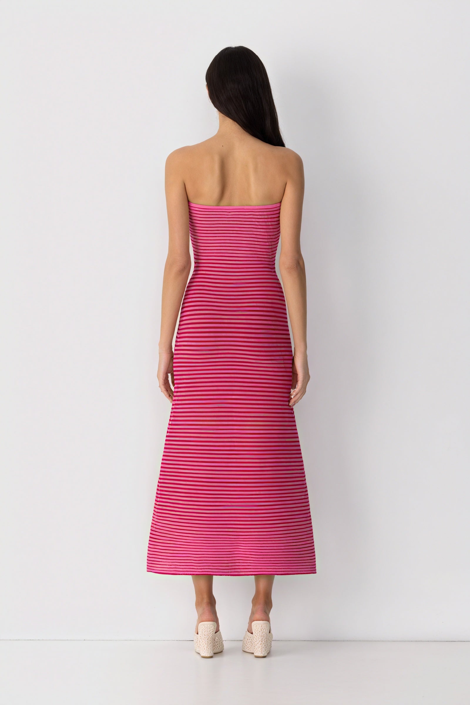 Women's Strapless Ribbed Knit Midi Dress, Horizontal Striped Pattern-81016-ccdcd466-fb79-48a1-b11c-408f1680d34b