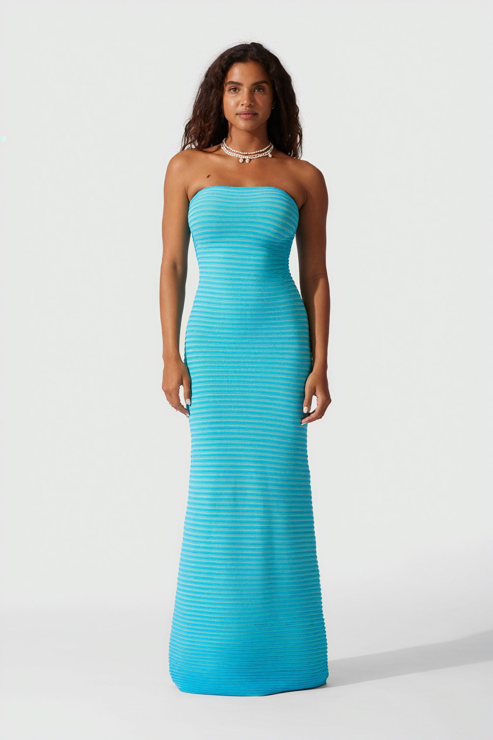 Women's Strapless Ribbed Knit Midi Dress, Horizontal Striped Pattern-81016-60897e5b-b728-4699-8b04-9ef83b531bc1