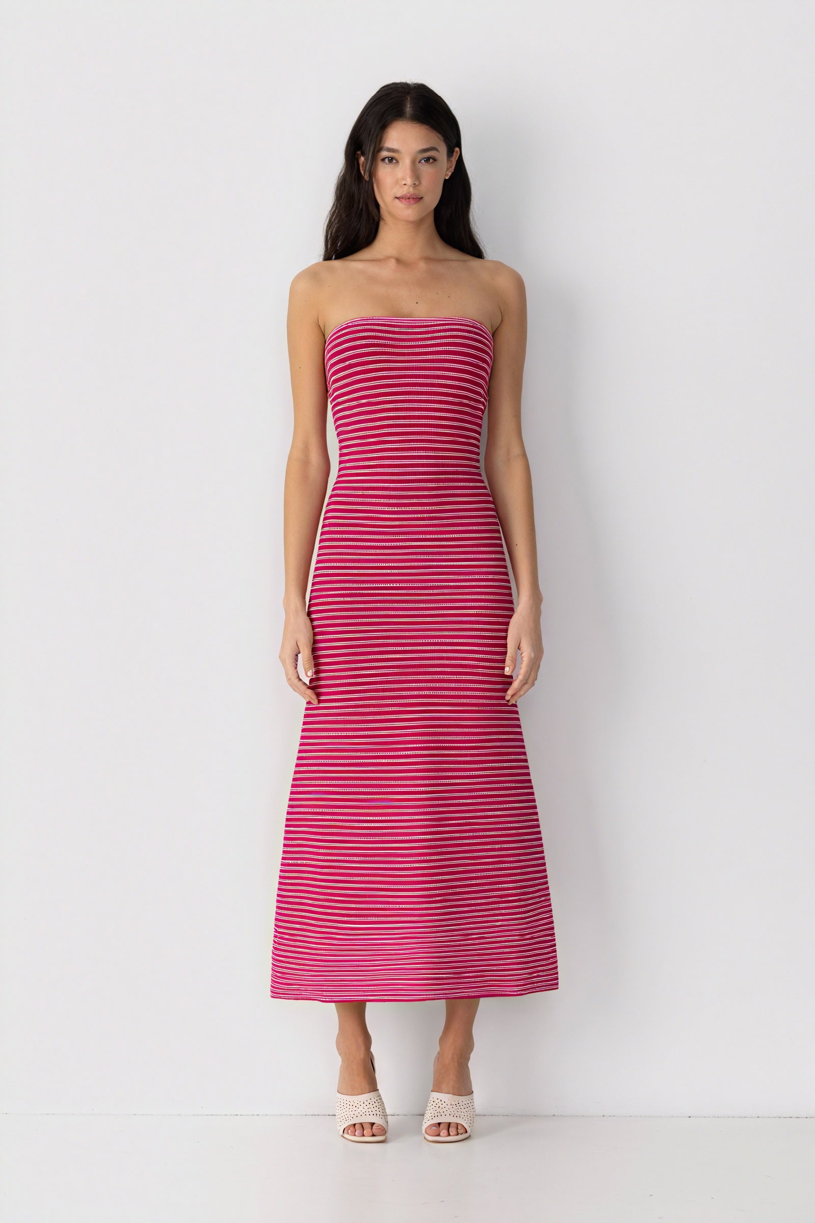 Women's Strapless Ribbed Knit Midi Dress, Horizontal Striped Pattern-81016-5b4aefc8-32c8-4aa0-962b-f7cec7de9cfe