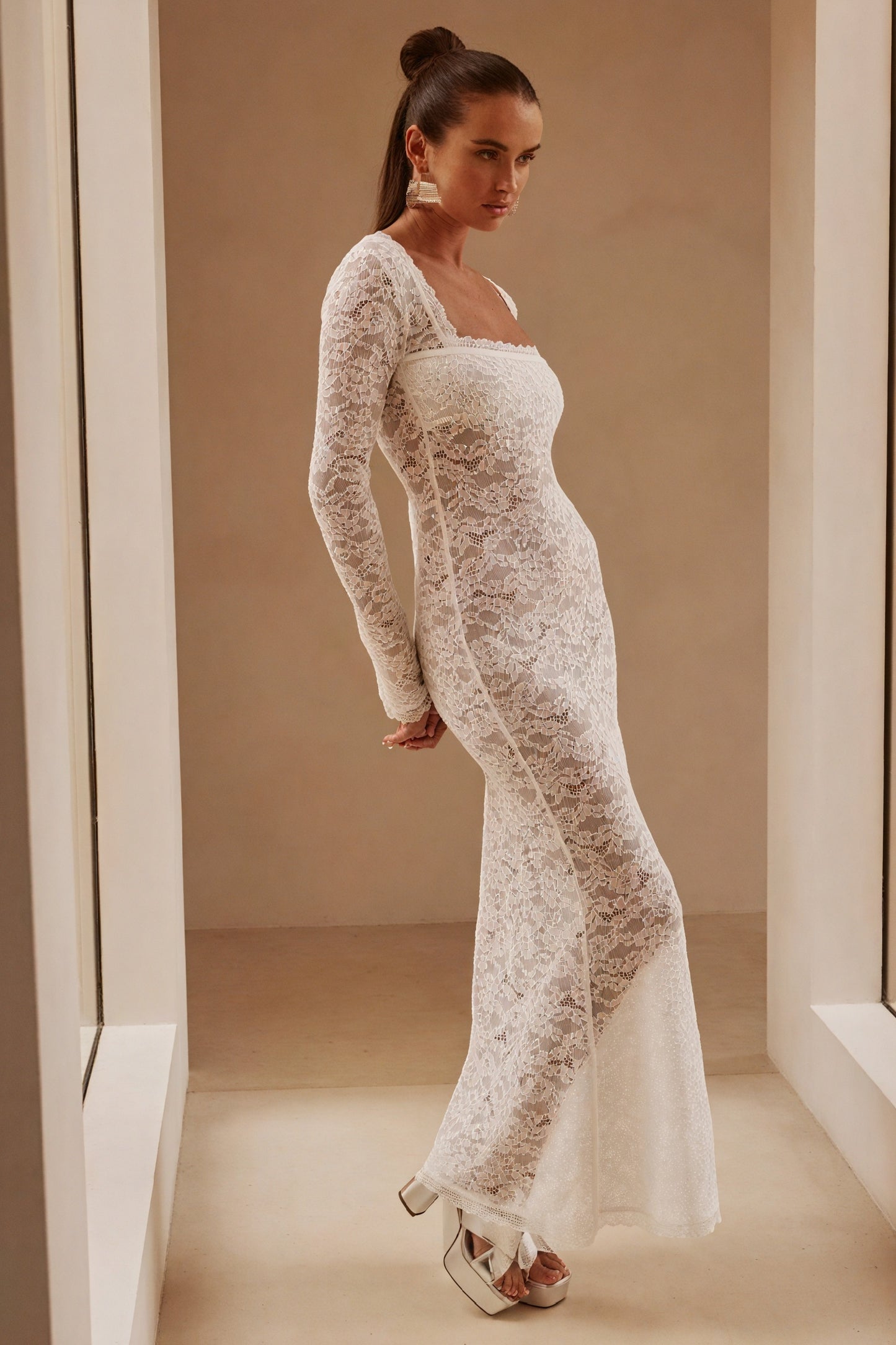 Women's White Lace Maxi Dress – Square Neck, Long Sleeve, Fitted-81023-2b2ed59d-93b2-4ce3-9f3f-a4c24cd0a788