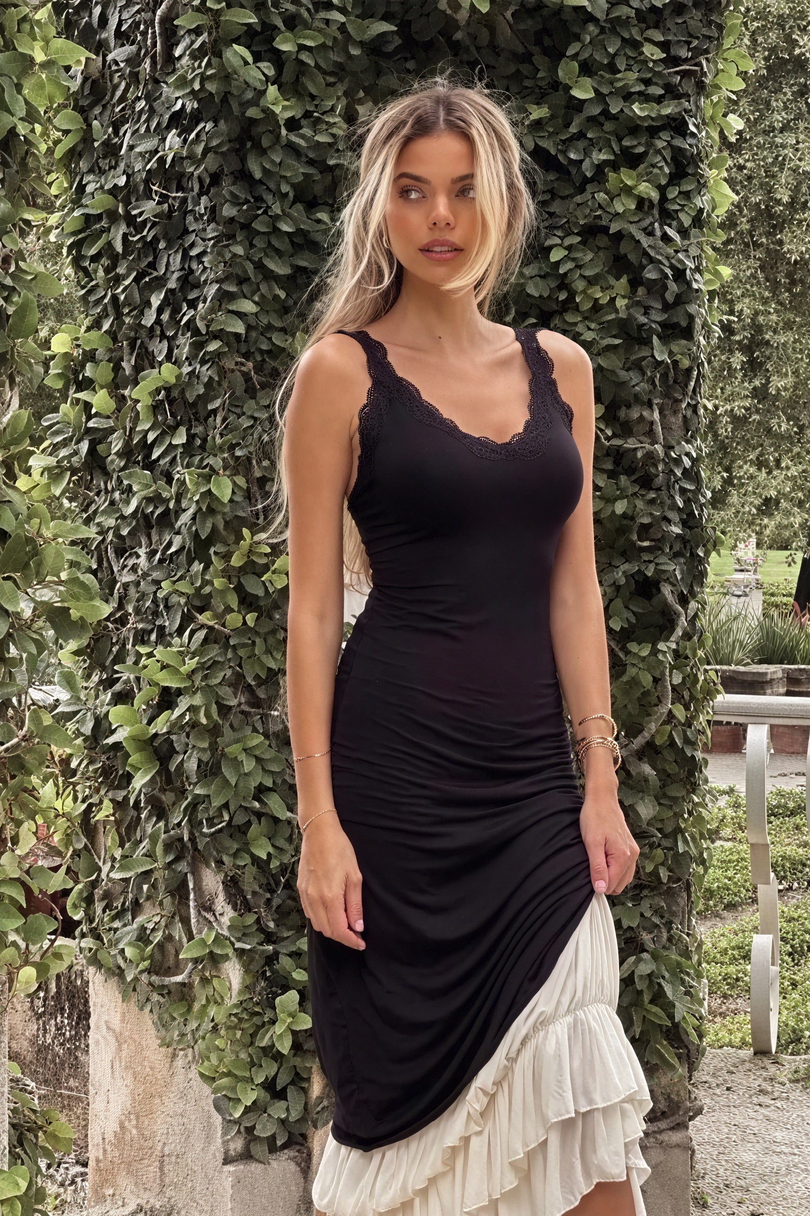 Women's Maxi Dress – Black Bodice, Cream Layered Skirt, Lace Trim, Spaghetti Straps-81026-a9457e07-a2db-49c1-8814-2dae75b9c389