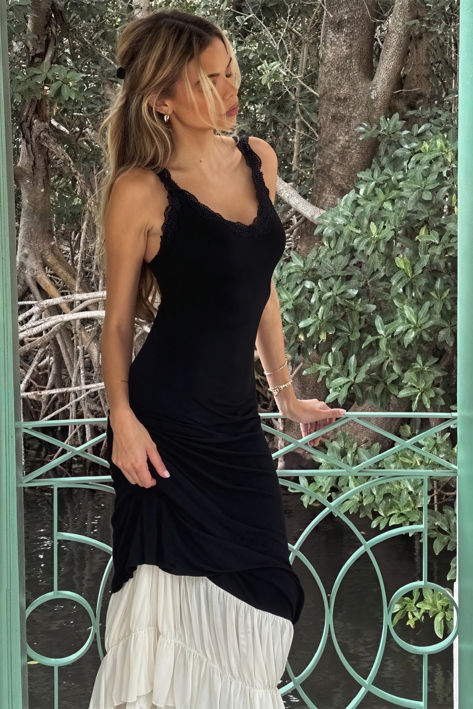 Women's Maxi Dress – Black Bodice, Cream Layered Skirt, Lace Trim, Spaghetti Straps-81026-61236bf0-9adf-4ddb-95e6-6d50d086c6b1