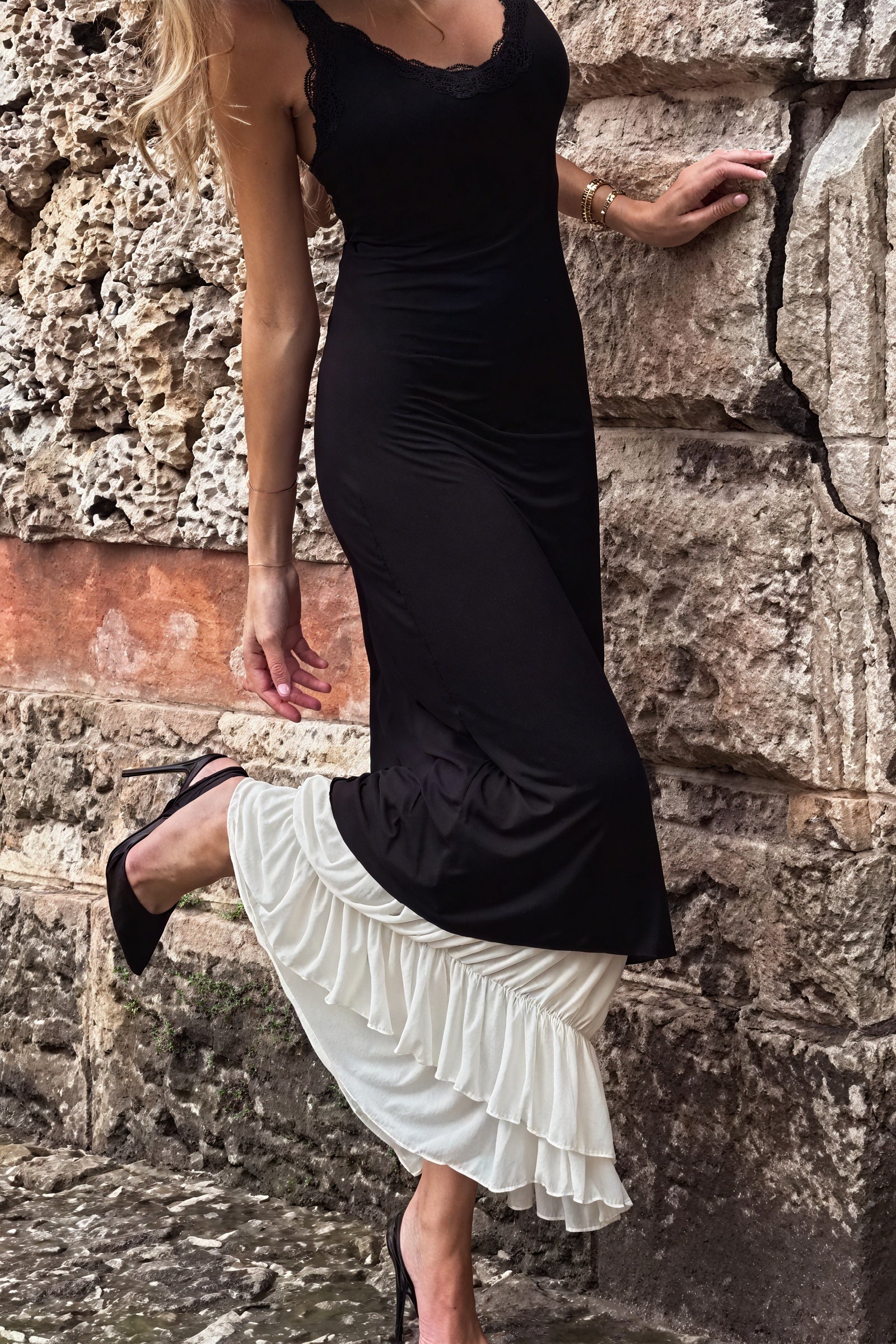 Women's Maxi Dress – Black Bodice, Cream Layered Skirt, Lace Trim, Spaghetti Straps-81026-b0d1d3e4-e7ad-4791-a20a-61aa02ab6a67
