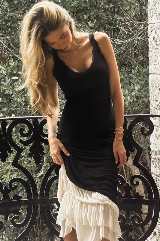 Women's Maxi Dress – Black Bodice, Cream Layered Skirt, Lace Trim, Spaghetti Straps-81026-f89155c5-5059-42b4-b369-186426eec6b9