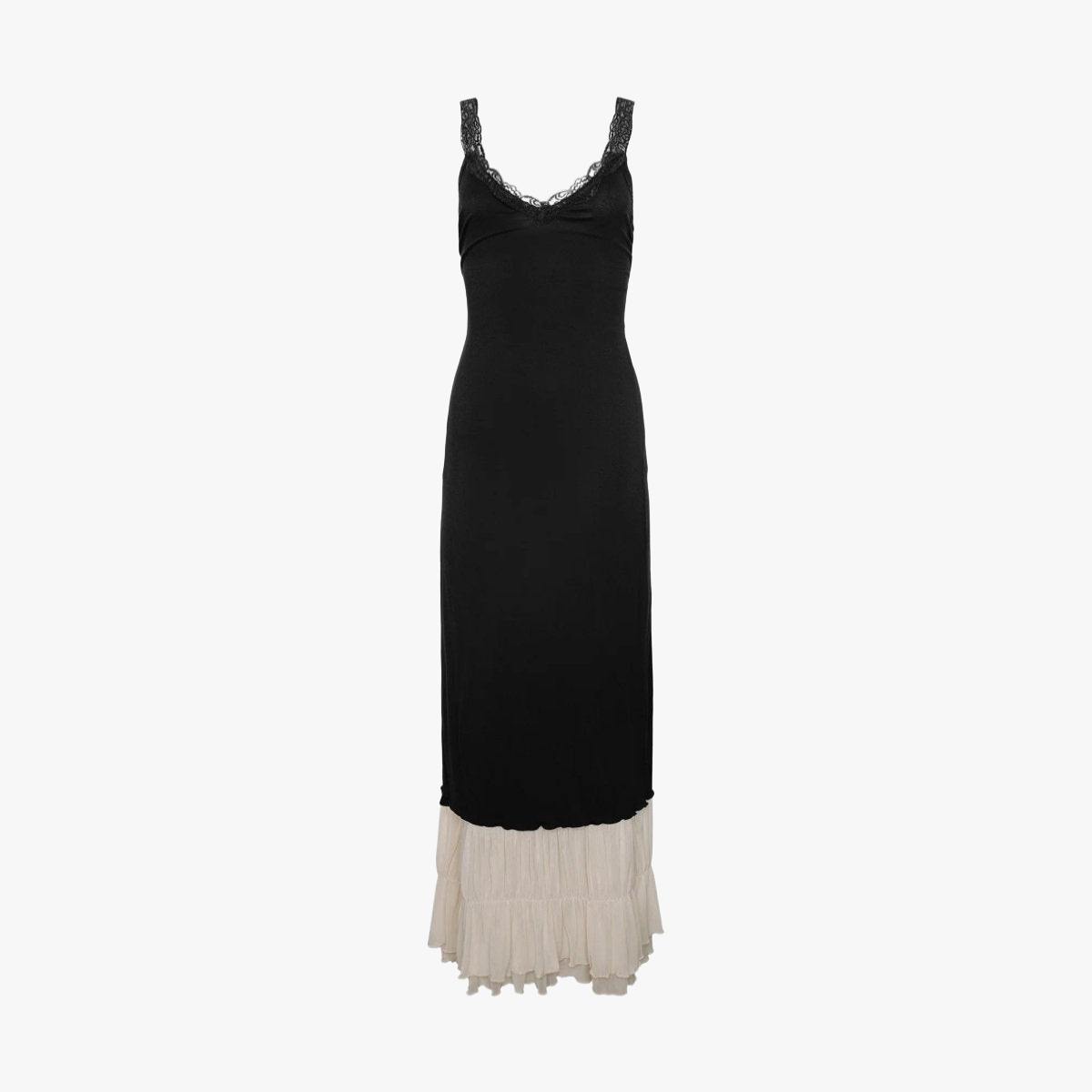 Women's Maxi Dress – Black Bodice, Cream Layered Skirt, Lace Trim, Spaghetti Straps-81026-7947557d-e2c0-4252-9c88-c53bb3b6e275