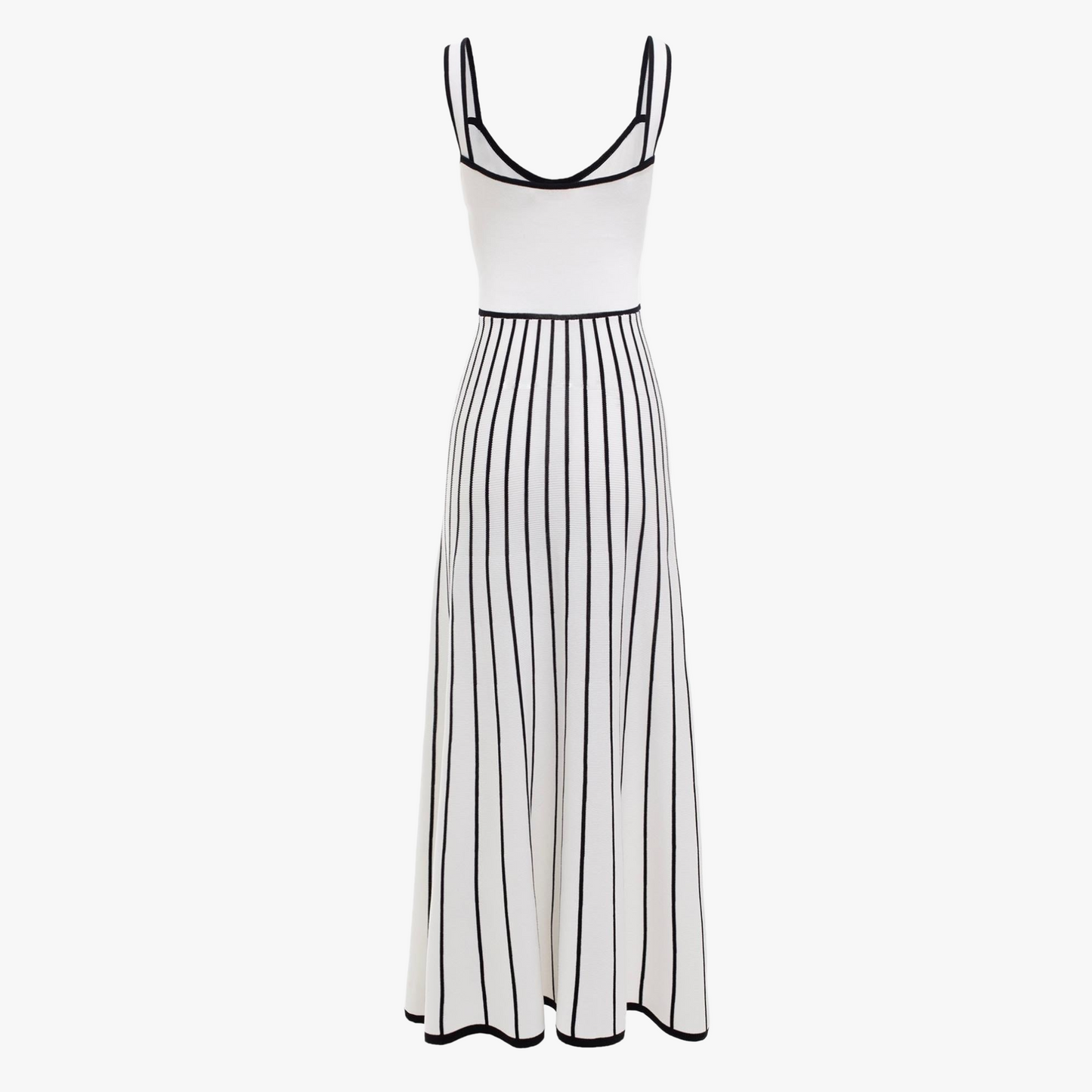 Women's Off-White Midi Dress – Square Neckline, Button Bodice, Striped A-Line Skirt-81027-fee366b3-d8c3-461c-bc7b-b9624f36d62d