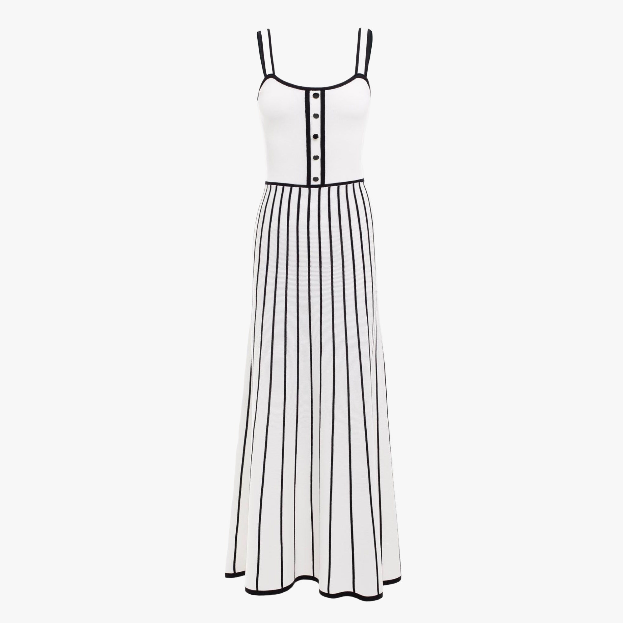 Women's Off-White Midi Dress – Square Neckline, Button Bodice, Striped A-Line Skirt-81027-d683cab6-5eba-4c0f-9374-cd6f57c56148