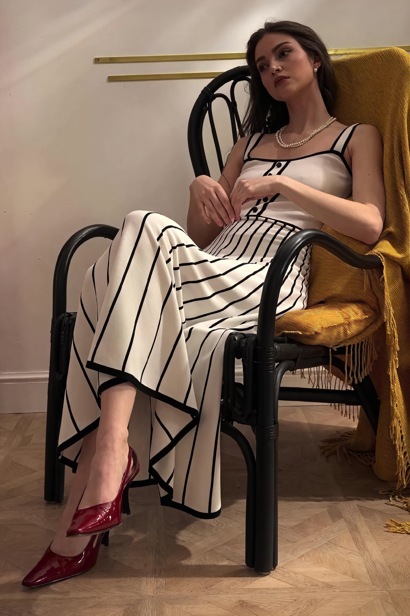 Women's Off-White Midi Dress – Square Neckline, Button Bodice, Striped A-Line Skirt-81027-1feda6d2-ba50-4660-a0bd-946adab6c26e