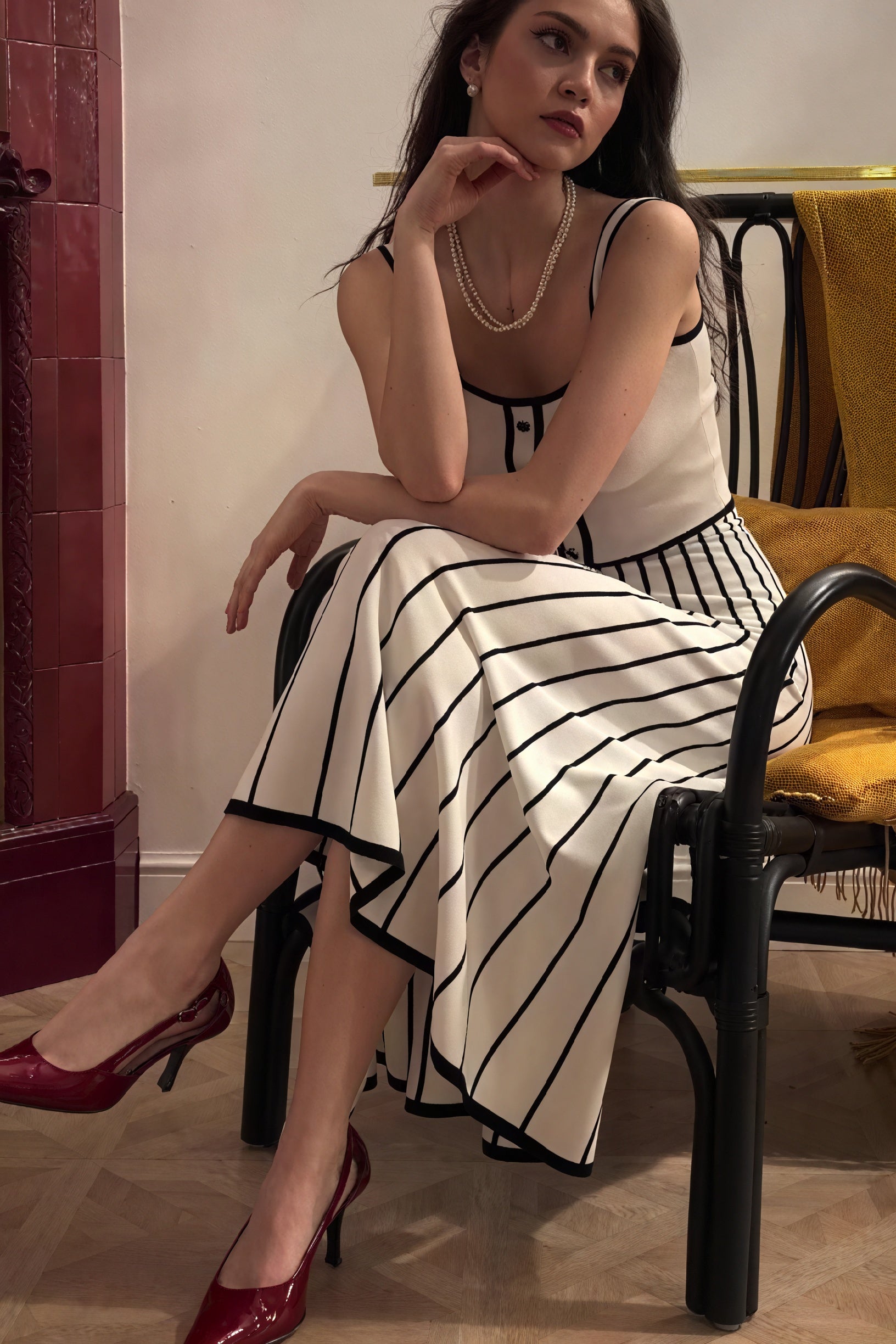 Women's Off-White Midi Dress – Square Neckline, Button Bodice, Striped A-Line Skirt-81027-6857017f-2f8e-4902-87d9-43cd0653cb7c