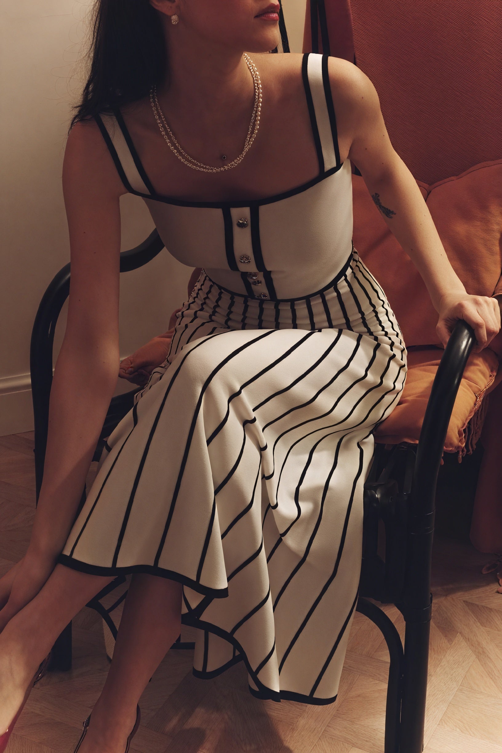 Women's Off-White Midi Dress – Square Neckline, Button Bodice, Striped A-Line Skirt-81027-2bf03254-2beb-416f-a0ea-deb62580281a