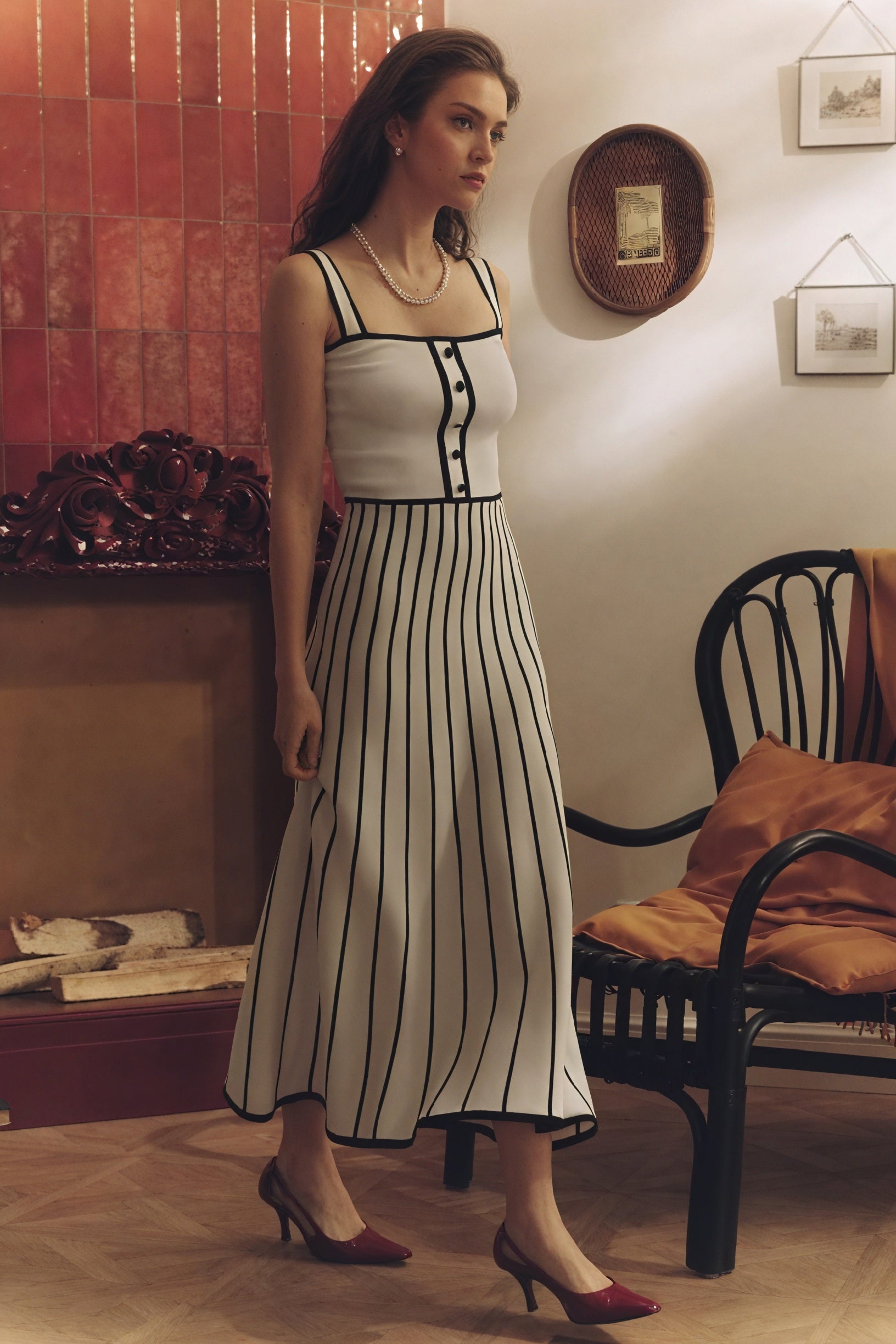 Women's Off-White Midi Dress – Square Neckline, Button Bodice, Striped A-Line Skirt-81027-b27ac925-7dbe-42ec-b17d-62f33dc1c953