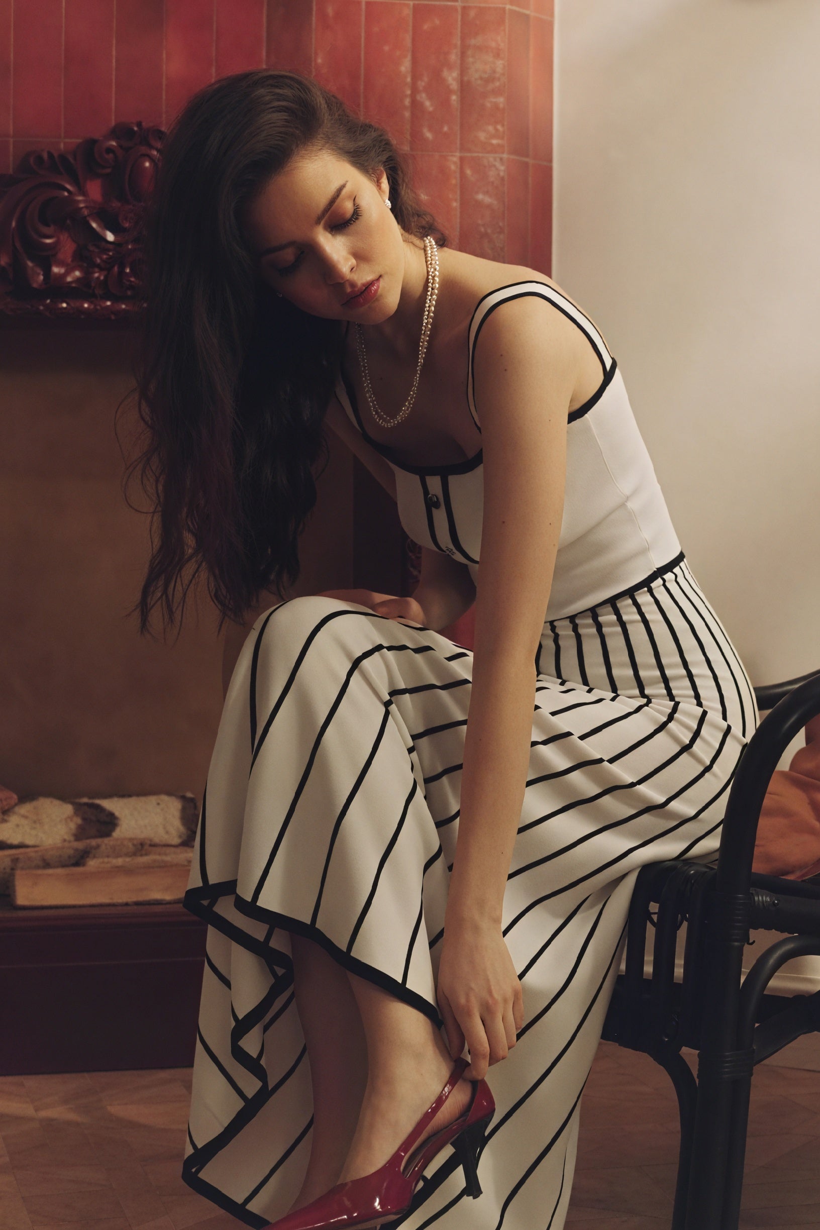 Women's Off-White Midi Dress – Square Neckline, Button Bodice, Striped A-Line Skirt-81027-26abf2f2-0c9c-46b6-b1eb-5e0b37924225