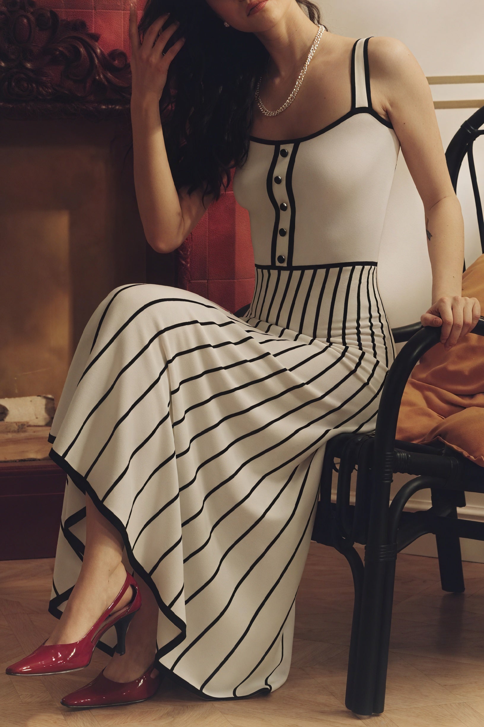 Women's Off-White Midi Dress – Square Neckline, Button Bodice, Striped A-Line Skirt-81027-bbd7ce51-5f32-4a32-9906-a22cd108cd5e