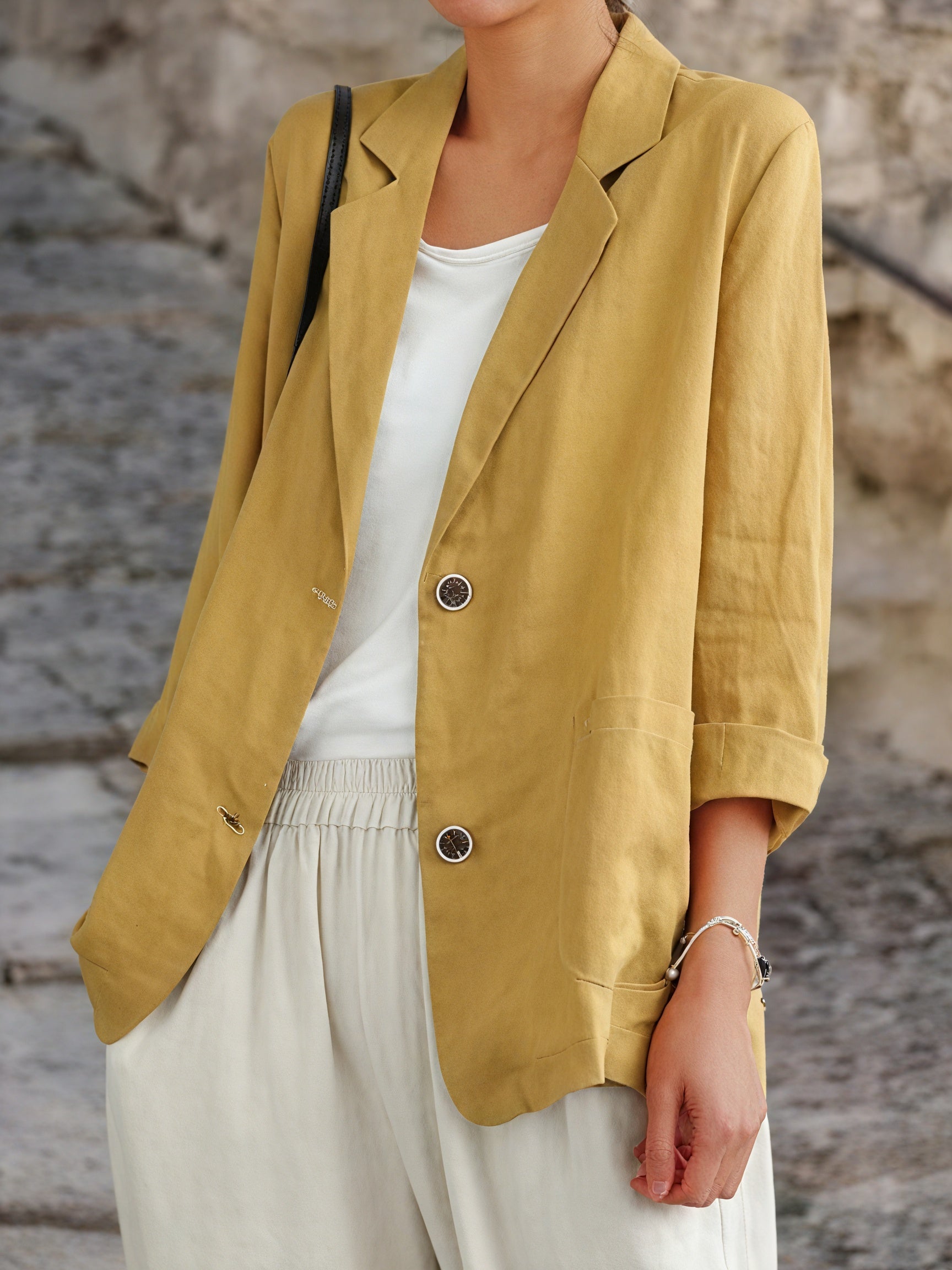 Women's Blazer – Notched Lapel, Rolled Sleeve, Lightweight Linen Blend, Oversized Fit, Mustard Yellow/Black/White/Light Blue-81154-40053b8d-f970-4f37-b1b5-4cf2325dcd30