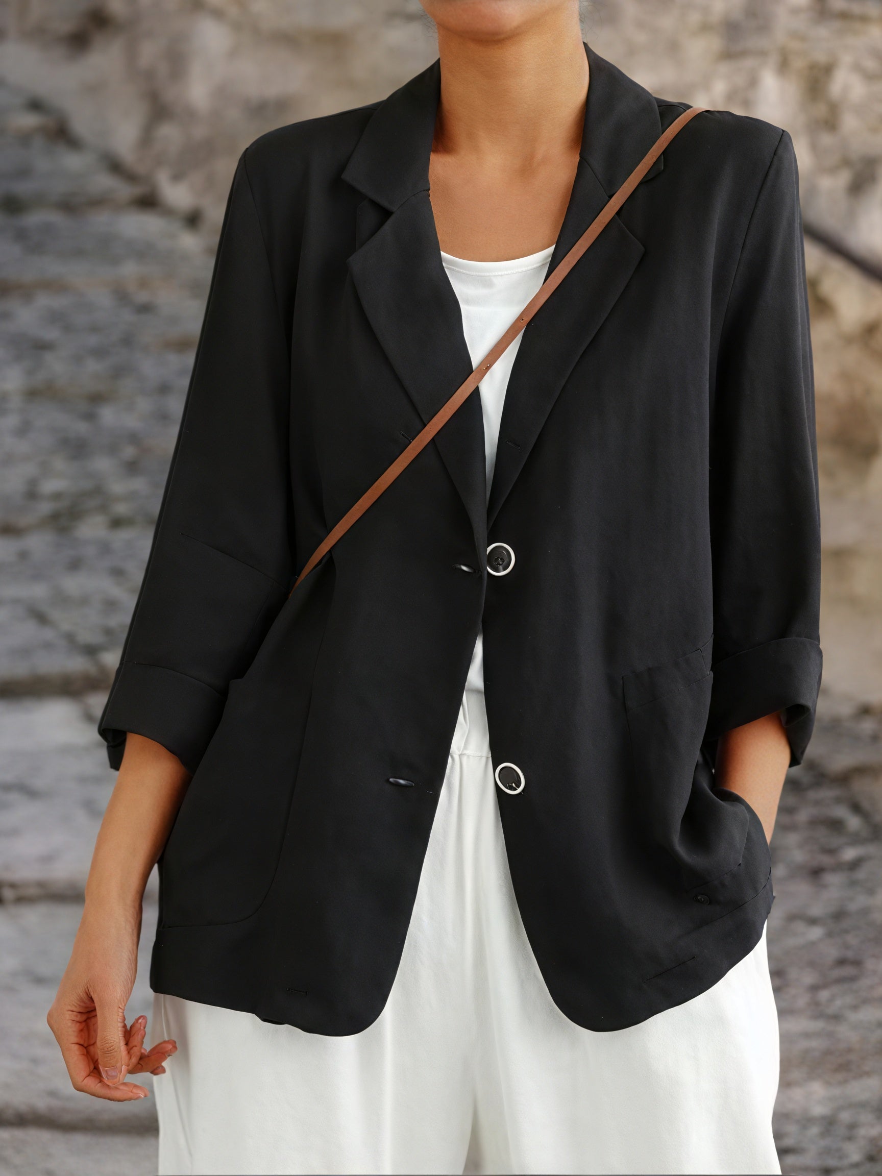 Women's Blazer – Notched Lapel, Rolled Sleeve, Lightweight Linen Blend, Oversized Fit, Mustard Yellow/Black/White/Light Blue-81154-43731a02-74ce-4e61-9389-d9416c9510e1