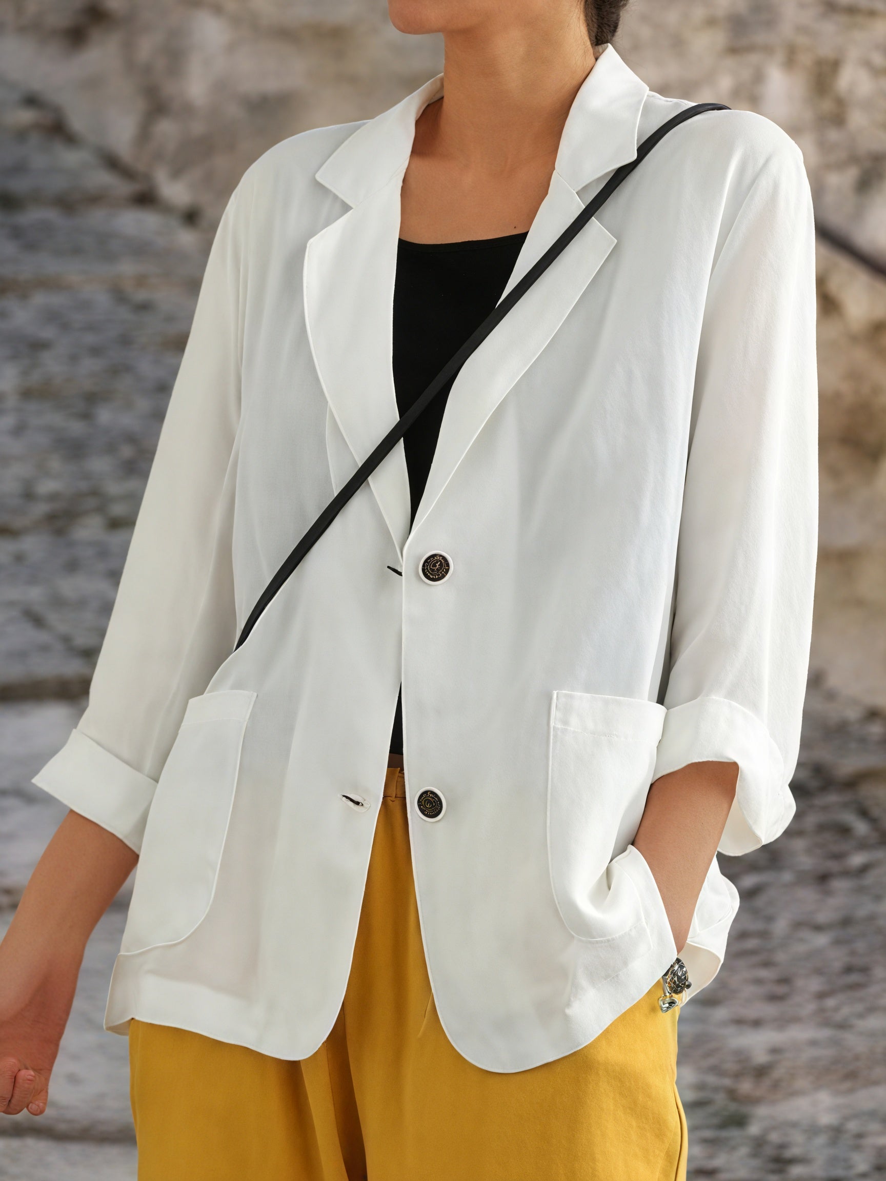 Women's Blazer – Notched Lapel, Rolled Sleeve, Lightweight Linen Blend, Oversized Fit, Mustard Yellow/Black/White/Light Blue-81154-6f820f88-5816-48d2-89a3-75acf998284e