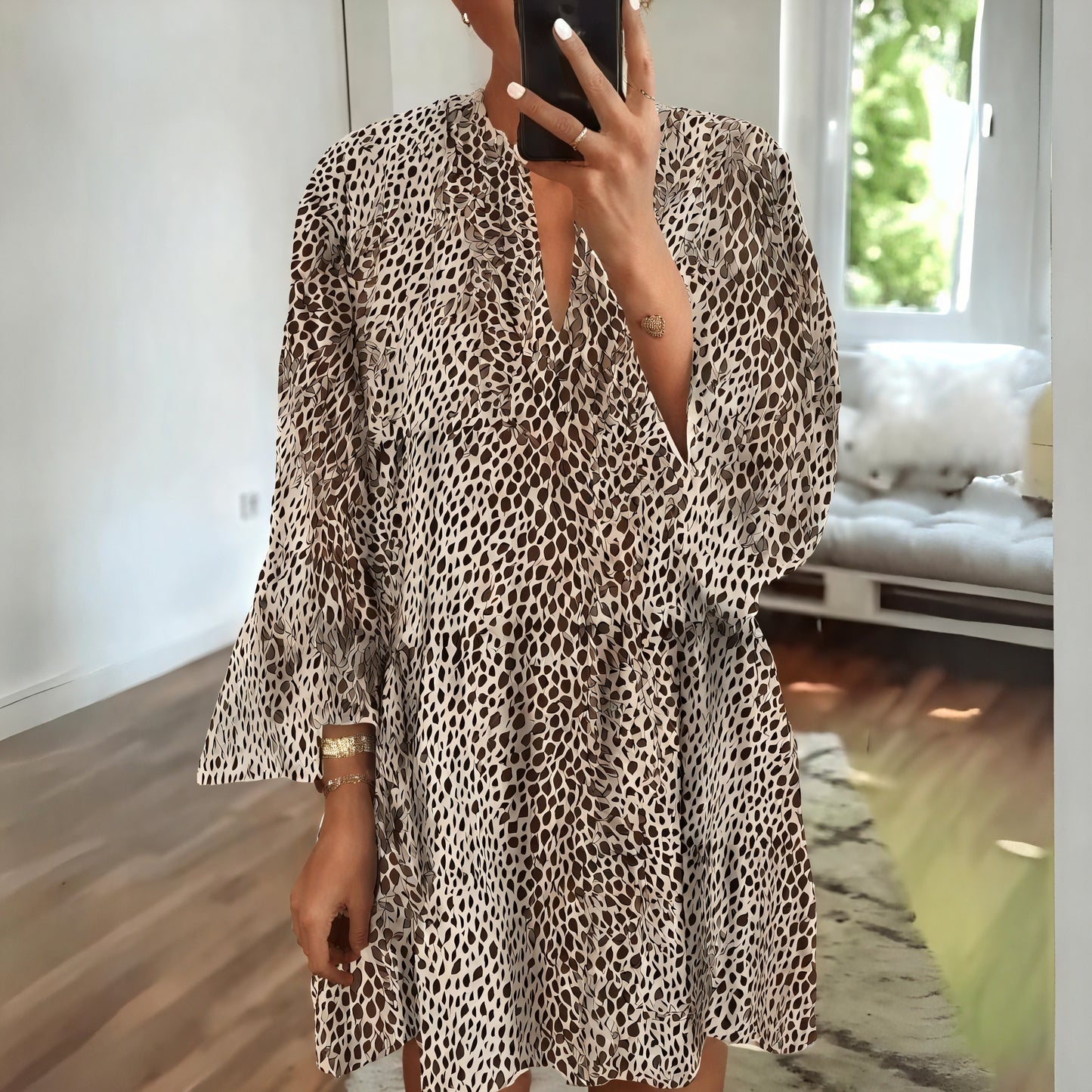 Women's Mini Dress – V-Neck Long Sleeve, Flowy Animal Print-81612-b8e5072d-97b4-4951-af71-c120187e6513