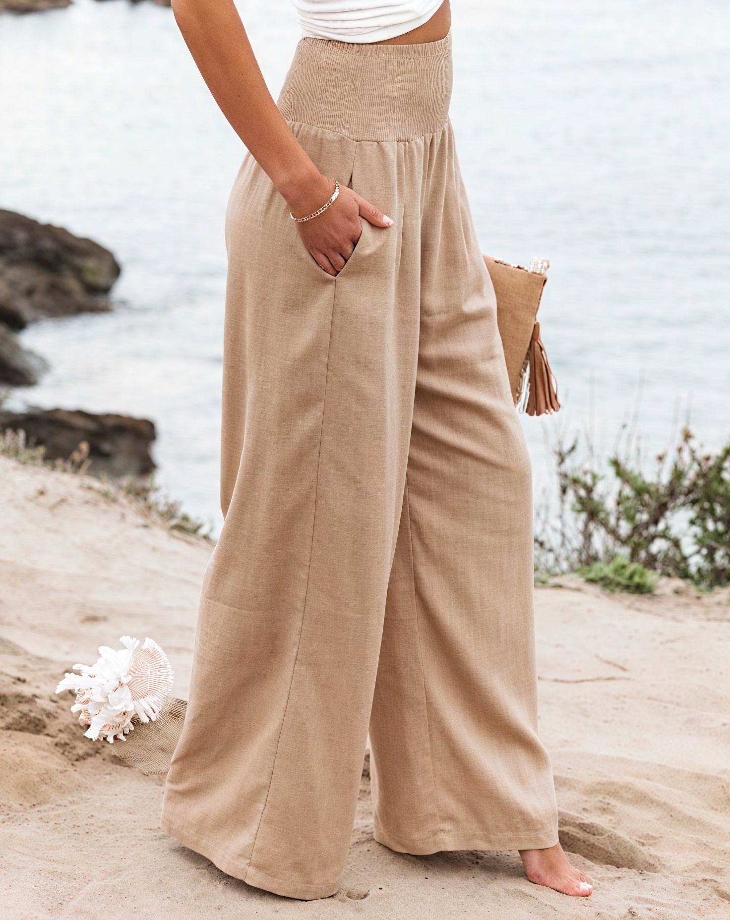 Women's High-Waisted Wide-Leg Smocked Pants - Linen Blend, White/Beige/Black-82189-2b96ece2-7354-47d4-8edd-4a672930a3fb