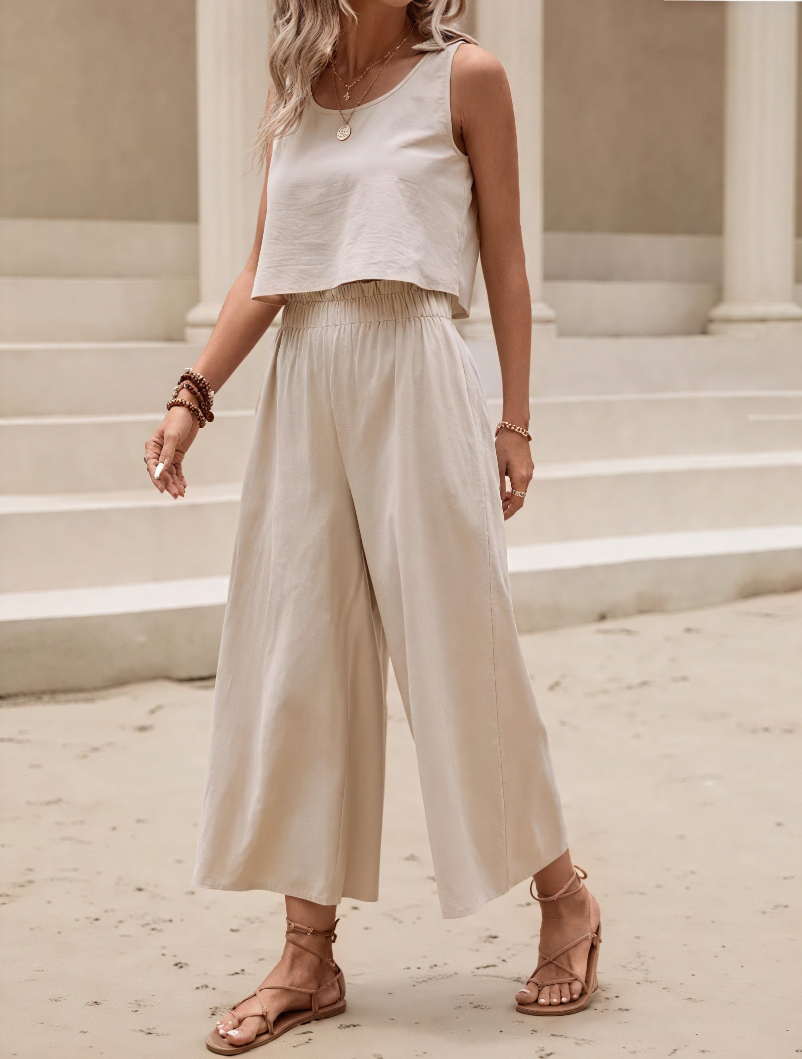 Women's Linen Blend Sleeveless Crop Top Wide-Leg Pants Set Beige Bohemian-82356-0b3edac3-b30b-416d-b99a-a053ded97062