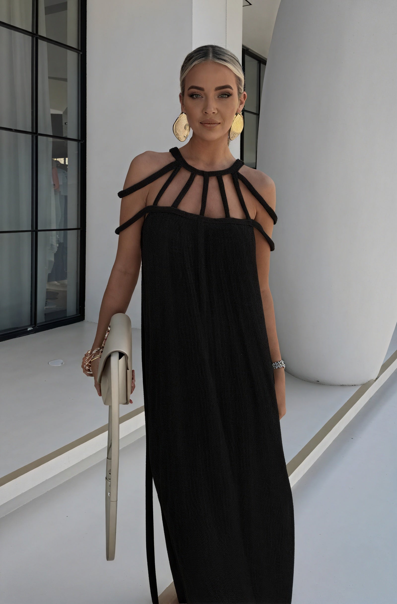 Women's Halter Maxi Dress – Braided Rope & Strap Neckline, Flowing Silhouette, Black Beige-83000-26cb404a-b37c-4956-b8cf-62a7c2c090e3