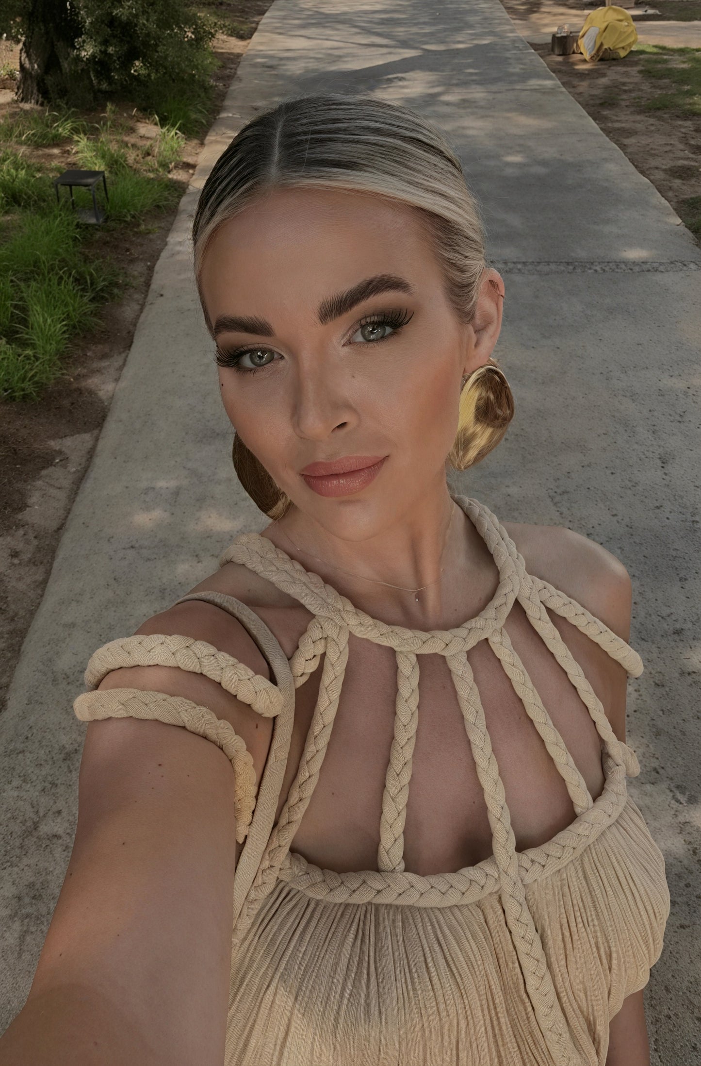 Women's Halter Maxi Dress – Braided Rope & Strap Neckline, Flowing Silhouette, Black Beige-83000-76b95272-272a-43f5-8206-e24a448654fb