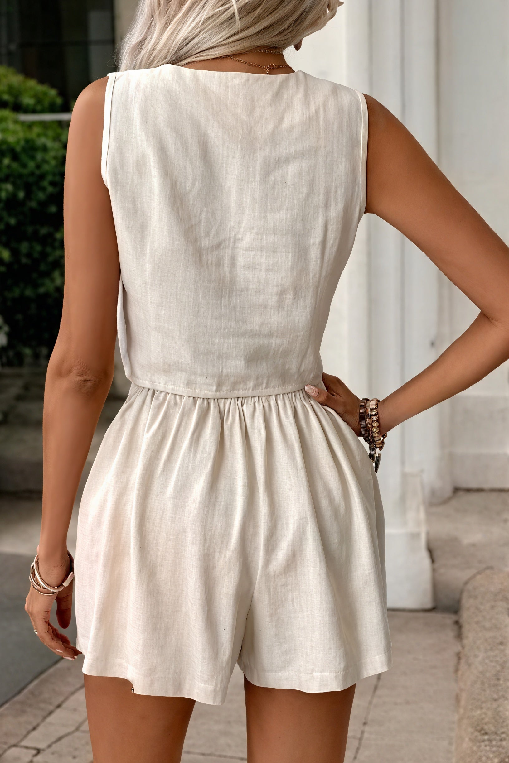 Women's Off-White Linen Vest Shorts Suit Set – V-Neck, High-Waisted, Relaxed Fit-83015-34020b3d-12aa-4998-a194-6a2620e0880e