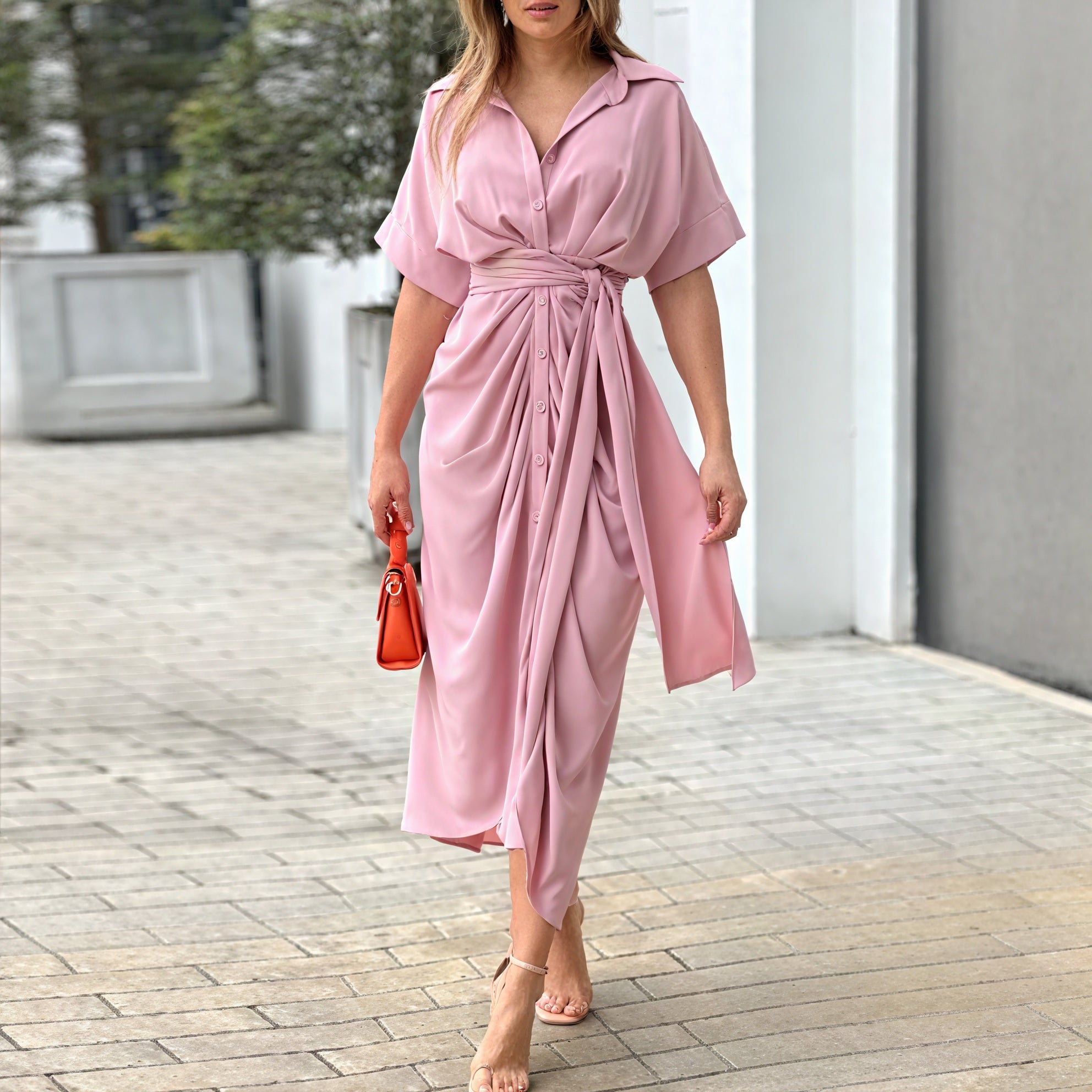 Women's Collared Button-Down Dress – Tie Waist, Asymmetrical Hem, Flowing Lightweight Fabric-83075-ad9a0da7-5d2e-4326-bc9f-af027e011316