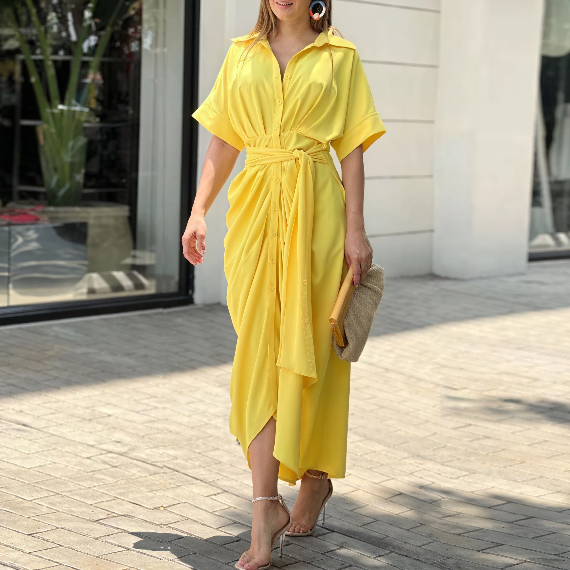 Women's Collared Button-Down Dress – Tie Waist, Asymmetrical Hem, Flowing Lightweight Fabric-83075-37ba5c4b-3e1e-418c-a0c5-d3c106517a3a