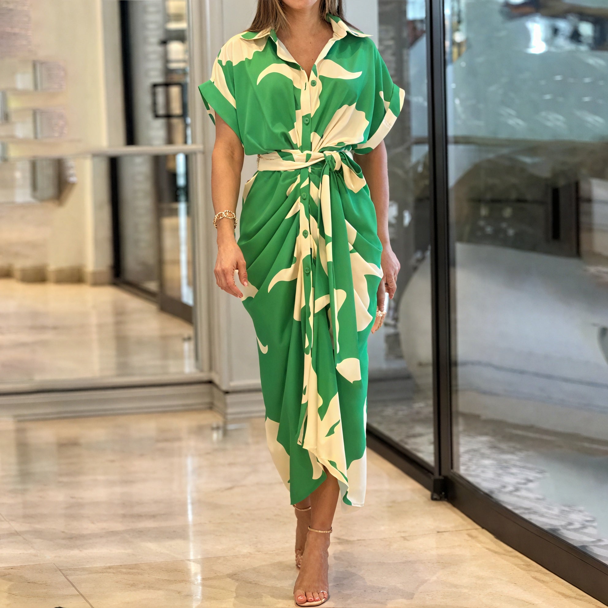 Women's Collared Button-Down Dress – Tie Waist, Asymmetrical Hem, Flowing Lightweight Fabric-83075-b599a2c2-3e5b-4fa1-a849-c8a09e62b83e
