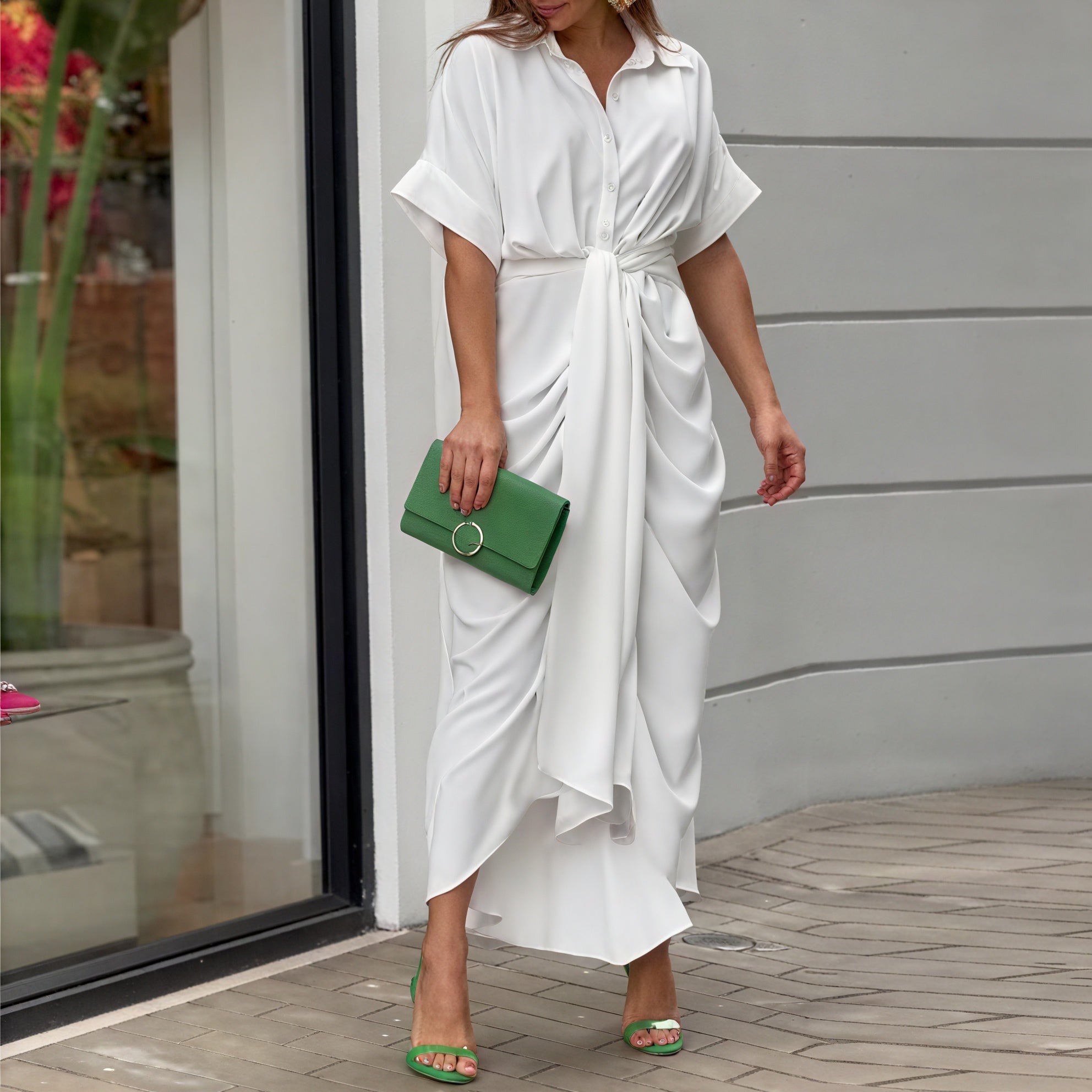 Women's Collared Button-Down Dress – Tie Waist, Asymmetrical Hem, Flowing Lightweight Fabric-83075-f27405aa-0fcb-4b53-9001-55315100ad53