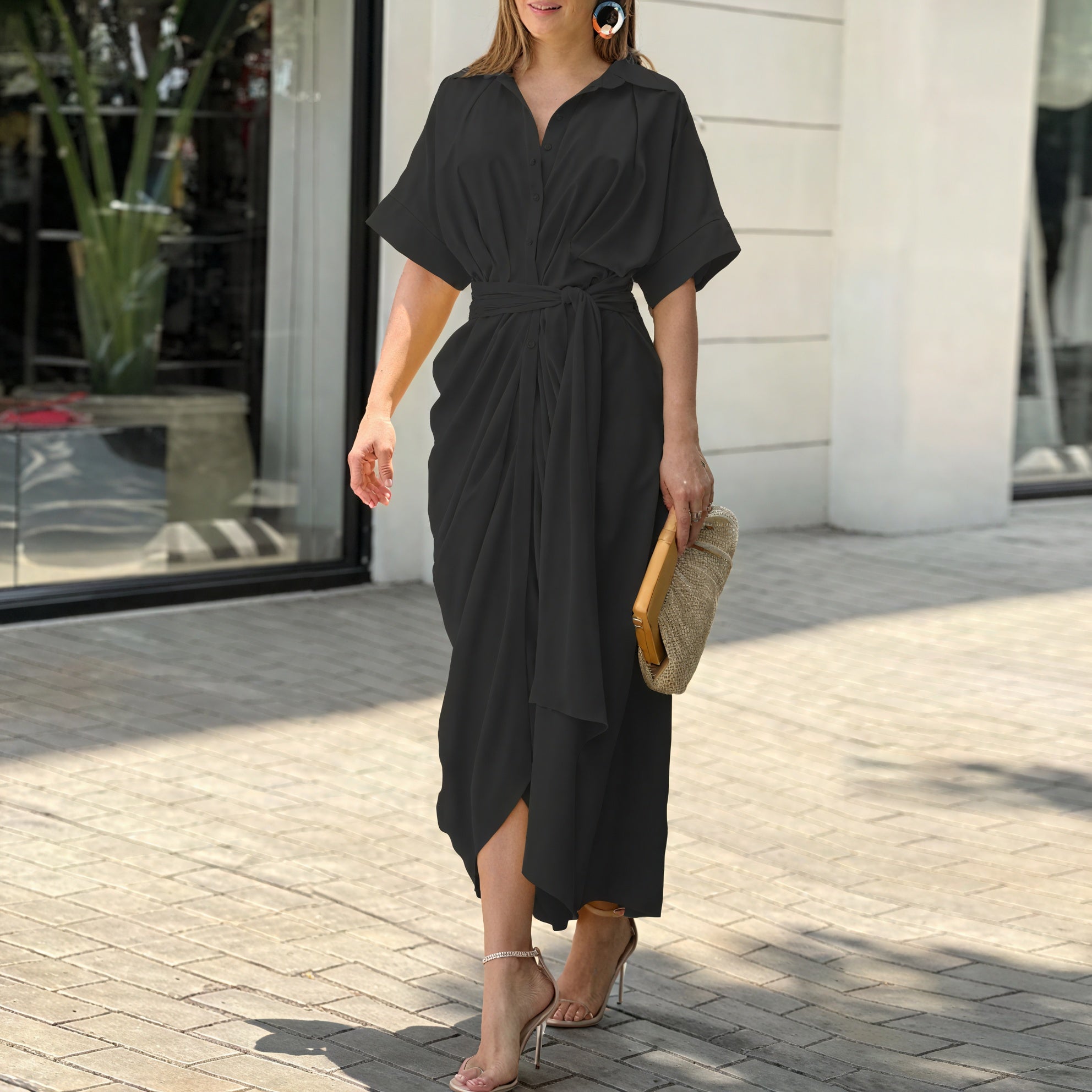 Women's Collared Button-Down Dress – Tie Waist, Asymmetrical Hem, Flowing Lightweight Fabric-83075-3e4e7d95-1b8b-47b6-a936-05f8097b1349