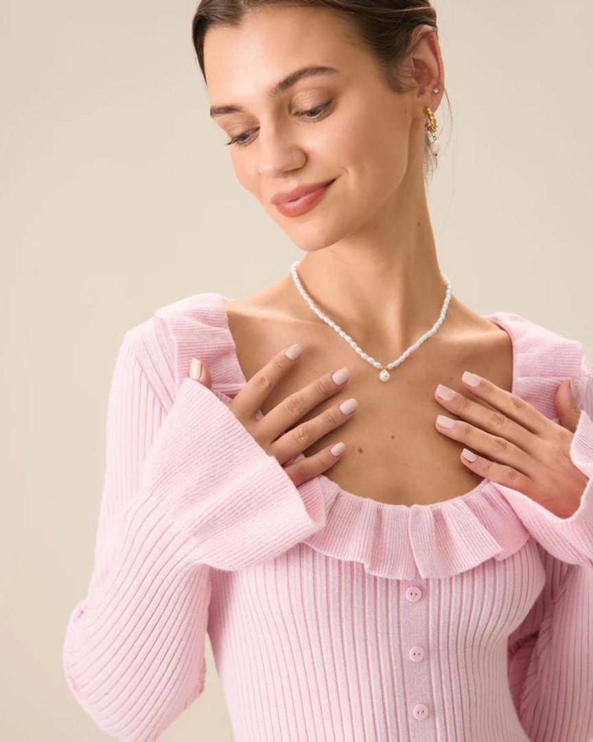 Women's Pink Knit Midi Dress – Ruffled Neckline, Bell Sleeves, Button-Up-83104-3fd8f59f-9c2a-4831-ad93-c611c6eef277