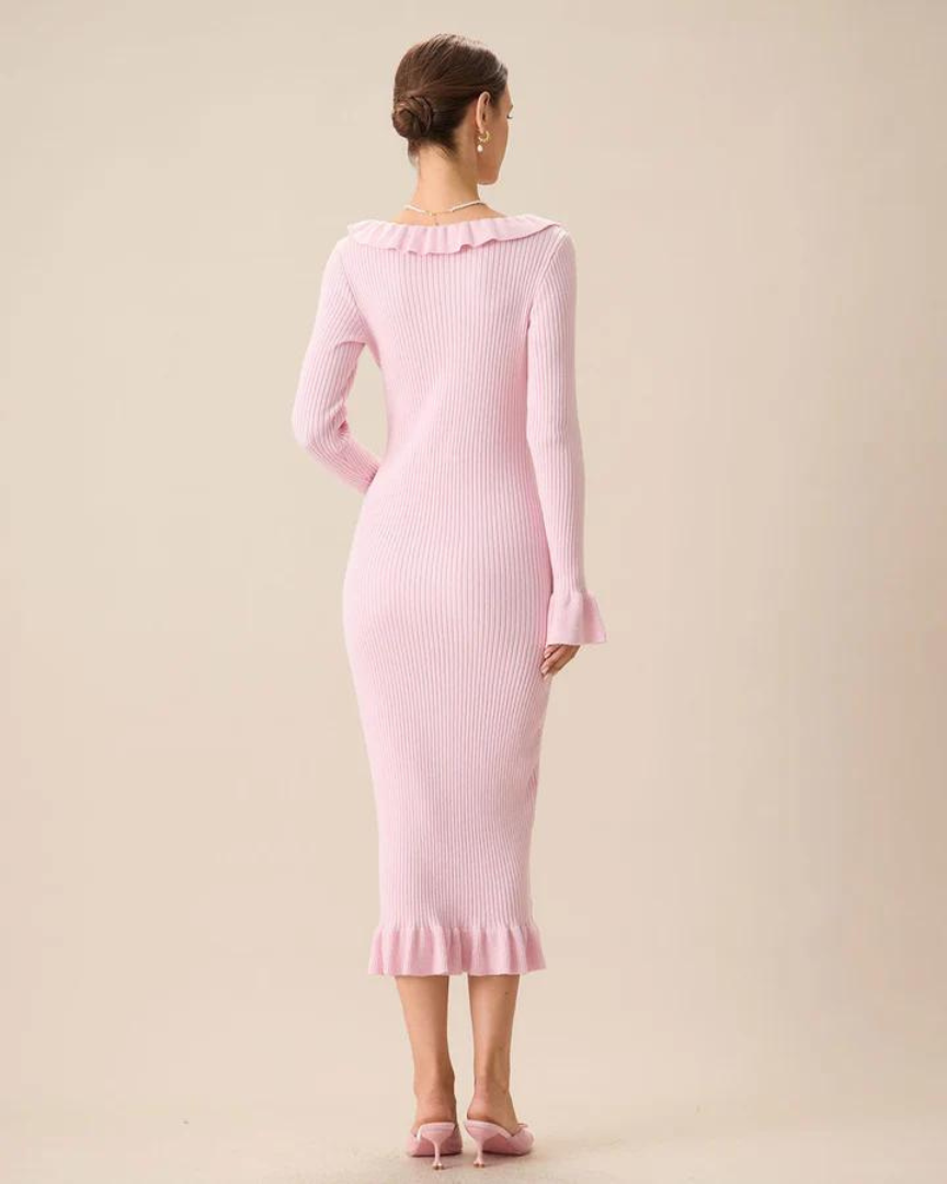 Women's Pink Knit Midi Dress – Ruffled Neckline, Bell Sleeves, Button-Up-83104-70949435-1ae8-4c93-8f3b-eecbf7a4049c