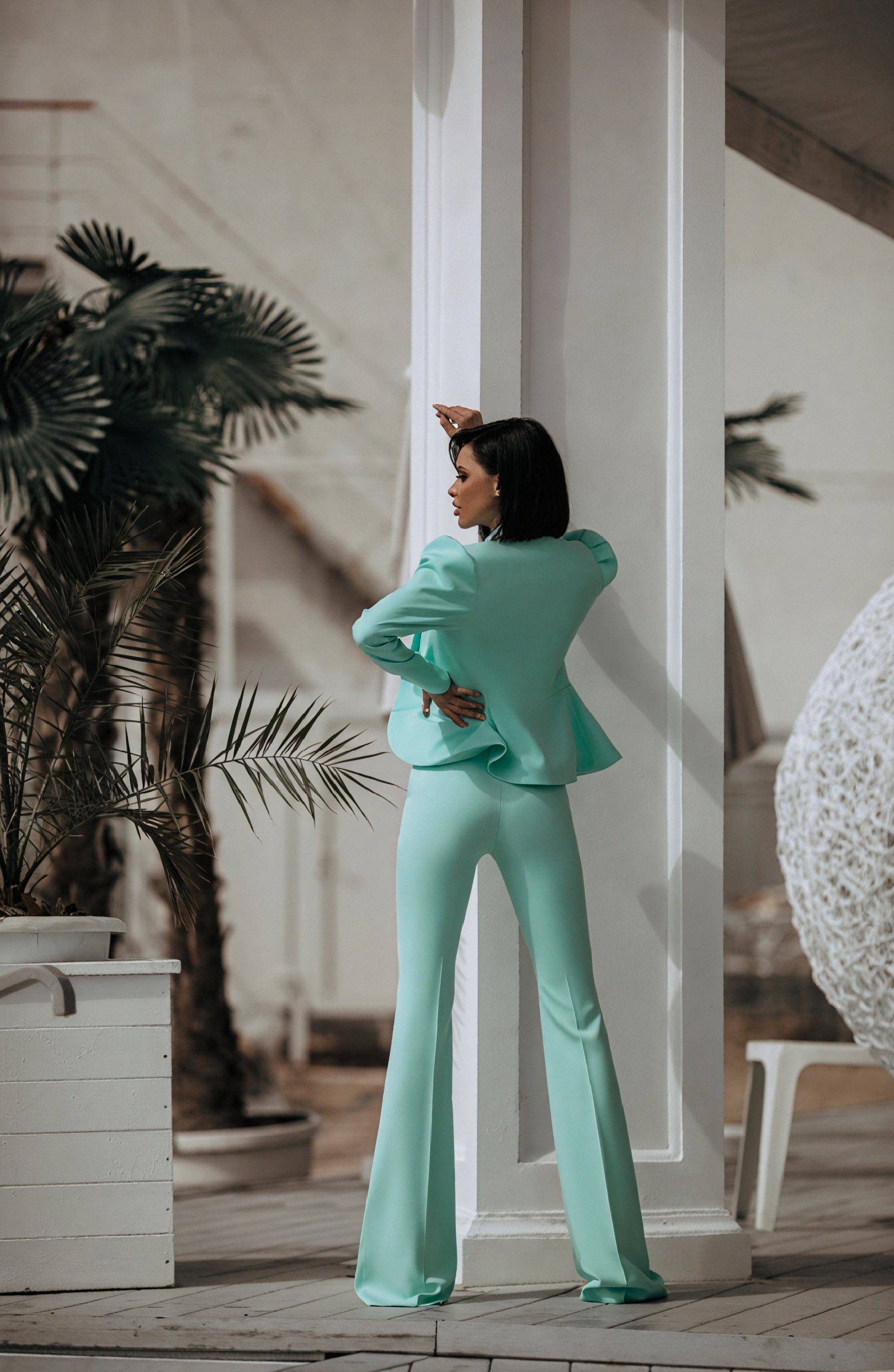 Women's Mint Green Suit Set – Structured Blazer, Flared Trousers-83132-b12112a2-df74-46e7-9962-3edc3d037aa0