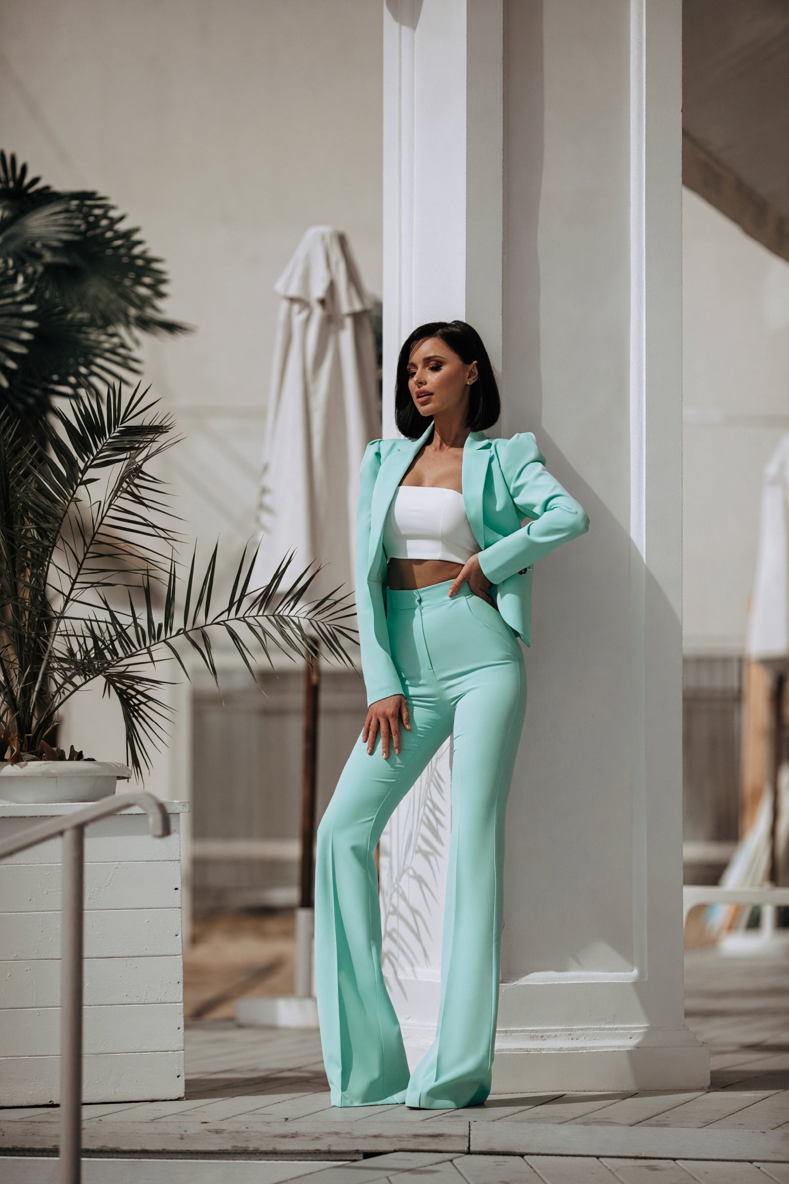Women's Mint Green Suit Set – Structured Blazer, Flared Trousers-83132-5b4c4447-fc42-4d13-a84d-c419d9d35621