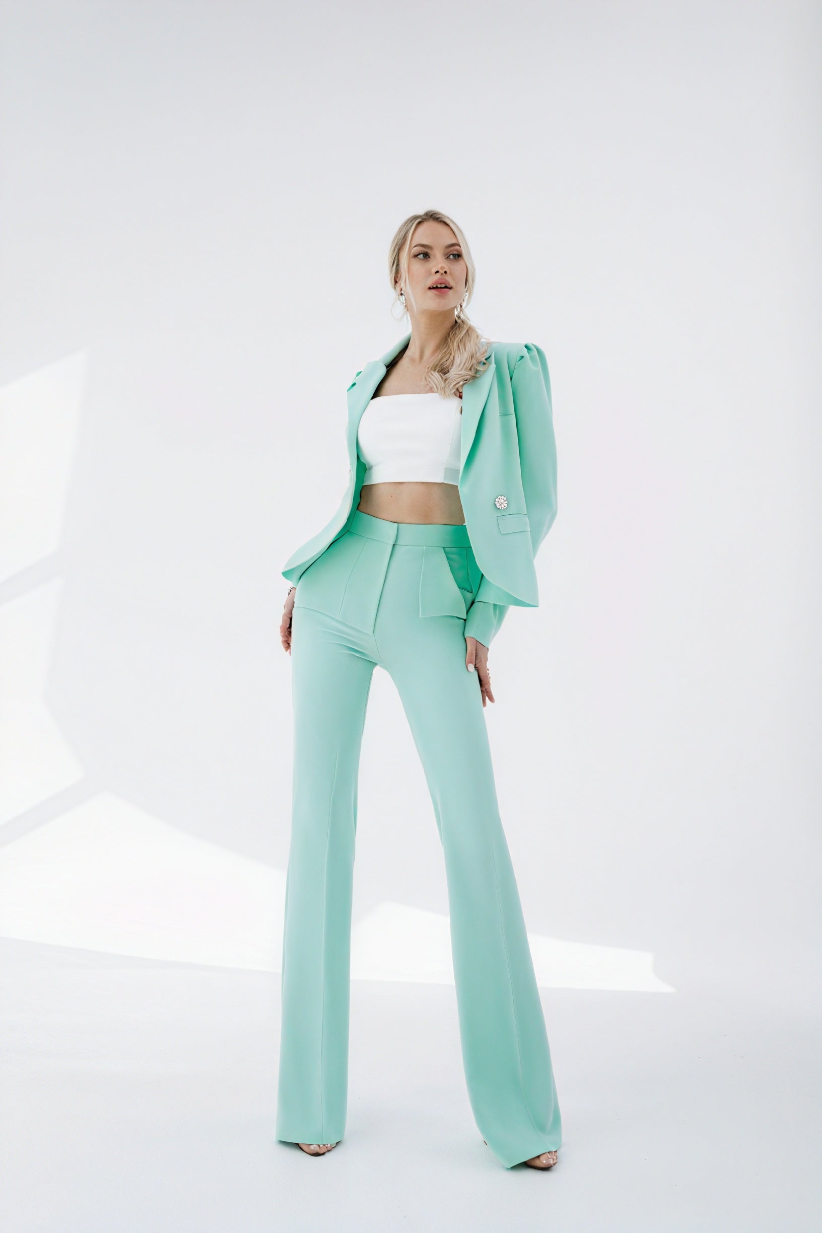 Women's Mint Green Suit Set – Structured Blazer, Flared Trousers-83132-5b5f2abb-a454-44ed-9cfa-29ac48e295cb