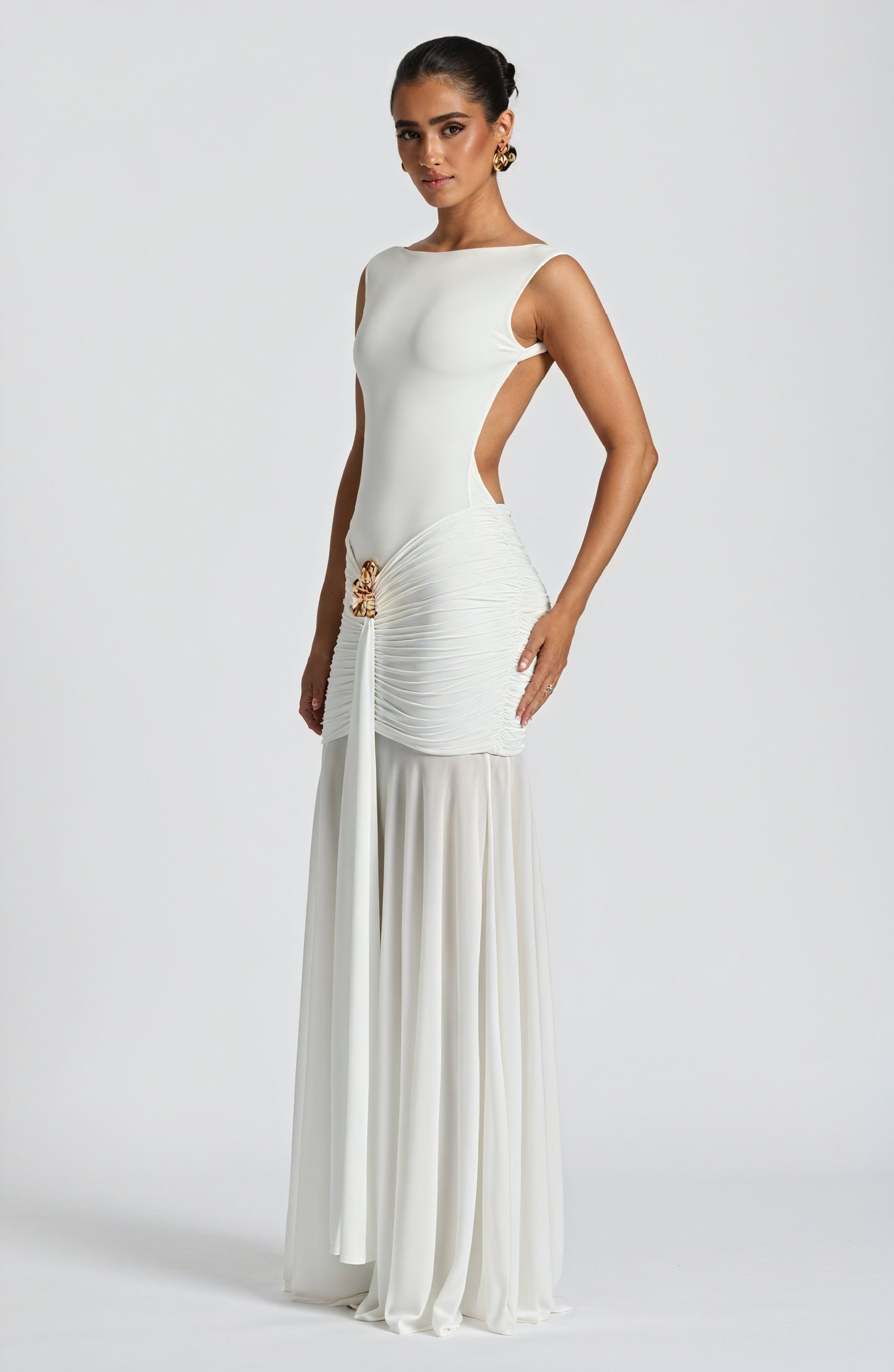 Women's White Chiffon Gown – Boat Neck, Gathered Waist, Sheer Overlay-83139-4066fe97-b898-4c77-9499-2f9c4fa5b9c9