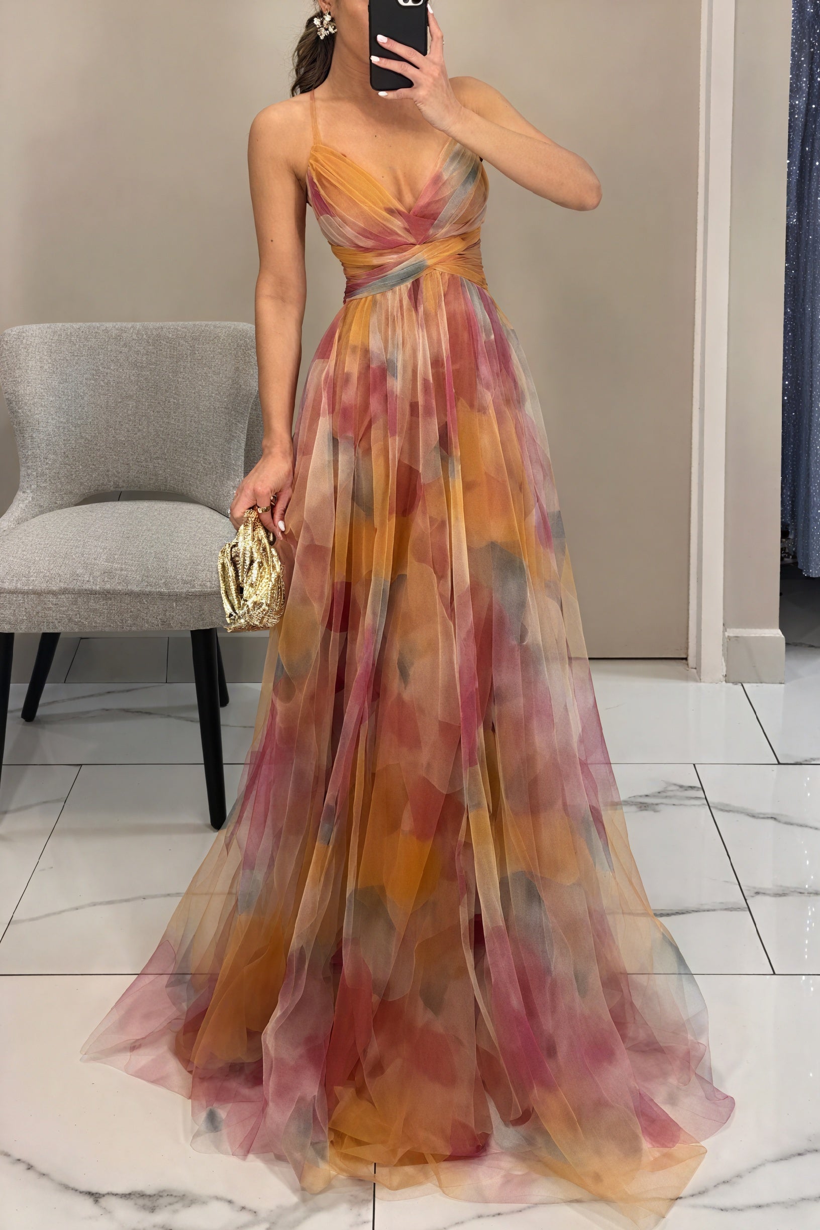 Women's Maxi Dress – Watercolor Floral Print, V-Neck Chiffon Flowing-83162-77c5e667-a1c3-4f9b-8508-3250030de27b