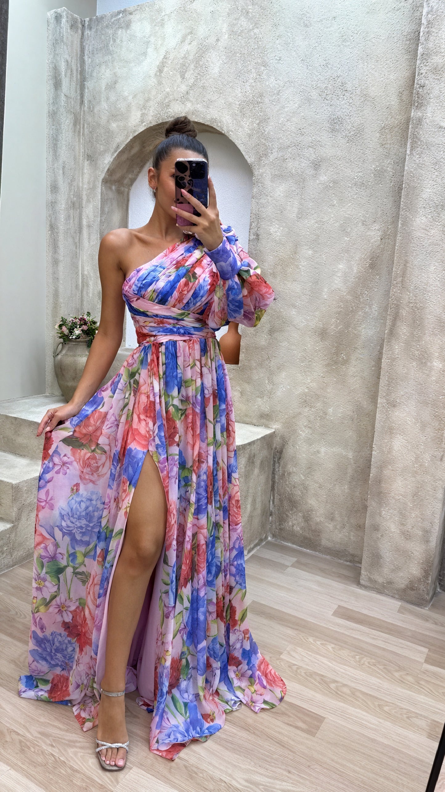 Women's Floral One-Shoulder Maxi Dress – Green Pink, Voluminous Sleeve, High Slit, Polyester-83163-3f630b88-9132-453c-8637-c59df93833b6