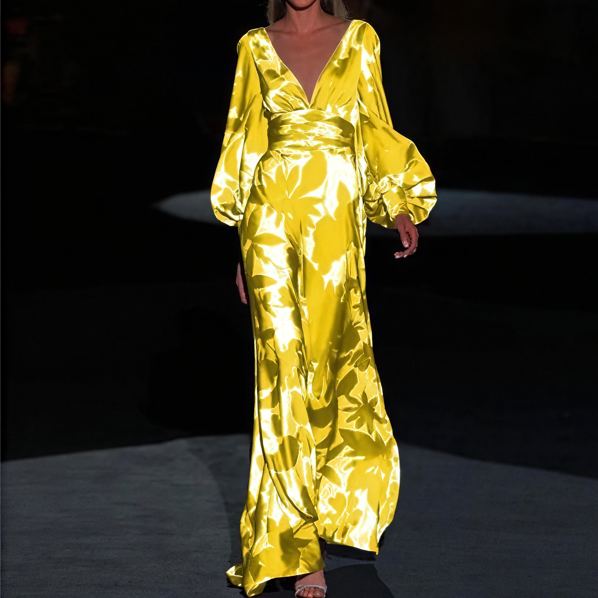 Women's Green Floral Maxi Dress – Silk V-Neck, Balloon Sleeves, Floor Length-83168-b25ff035-ea85-459a-977d-8fa243025de2