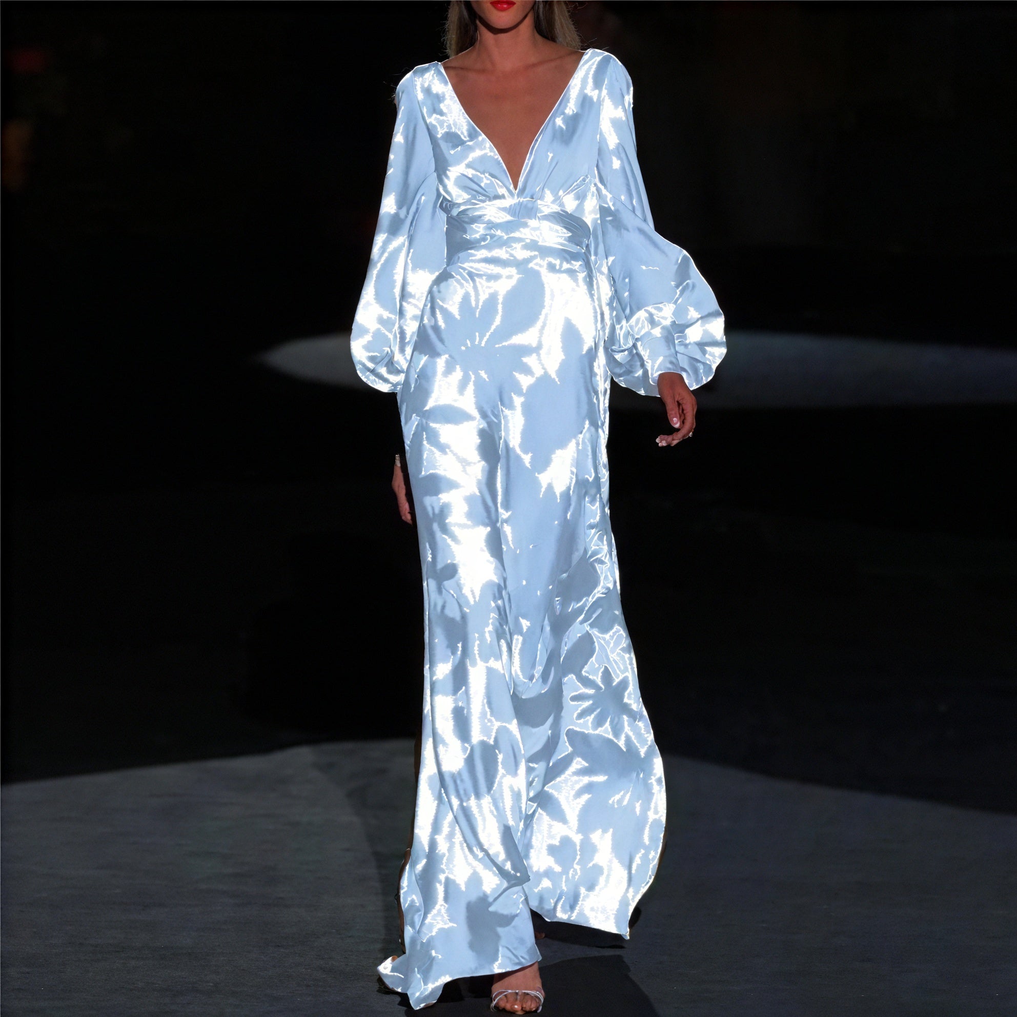 Women's Green Floral Maxi Dress – Silk V-Neck, Balloon Sleeves, Floor Length-83168-271be96b-85ca-4256-8789-ba44526c83d5