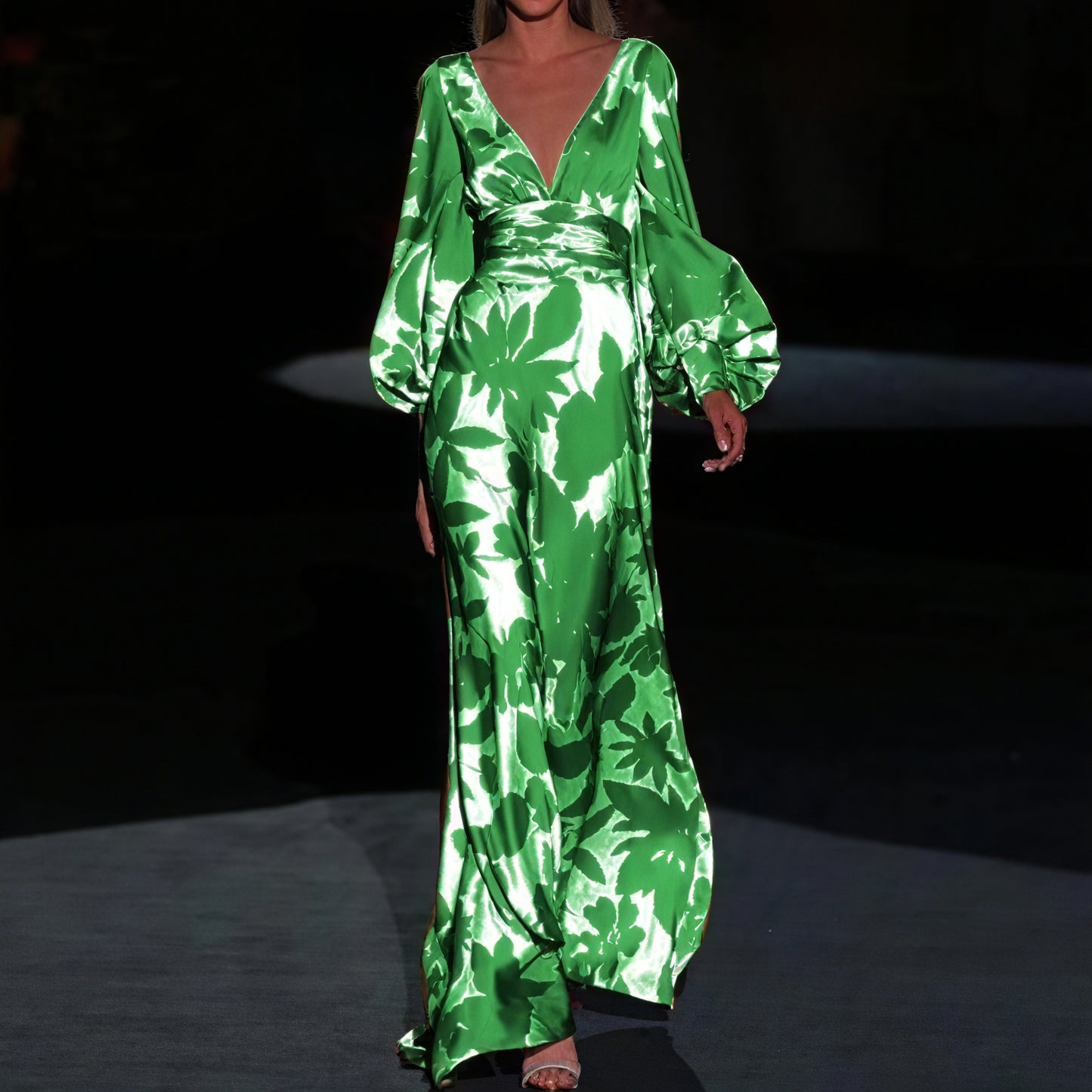 Women's Green Floral Maxi Dress – Silk V-Neck, Balloon Sleeves, Floor Length-83168-b317323b-b206-4c31-9310-db73616f25f6