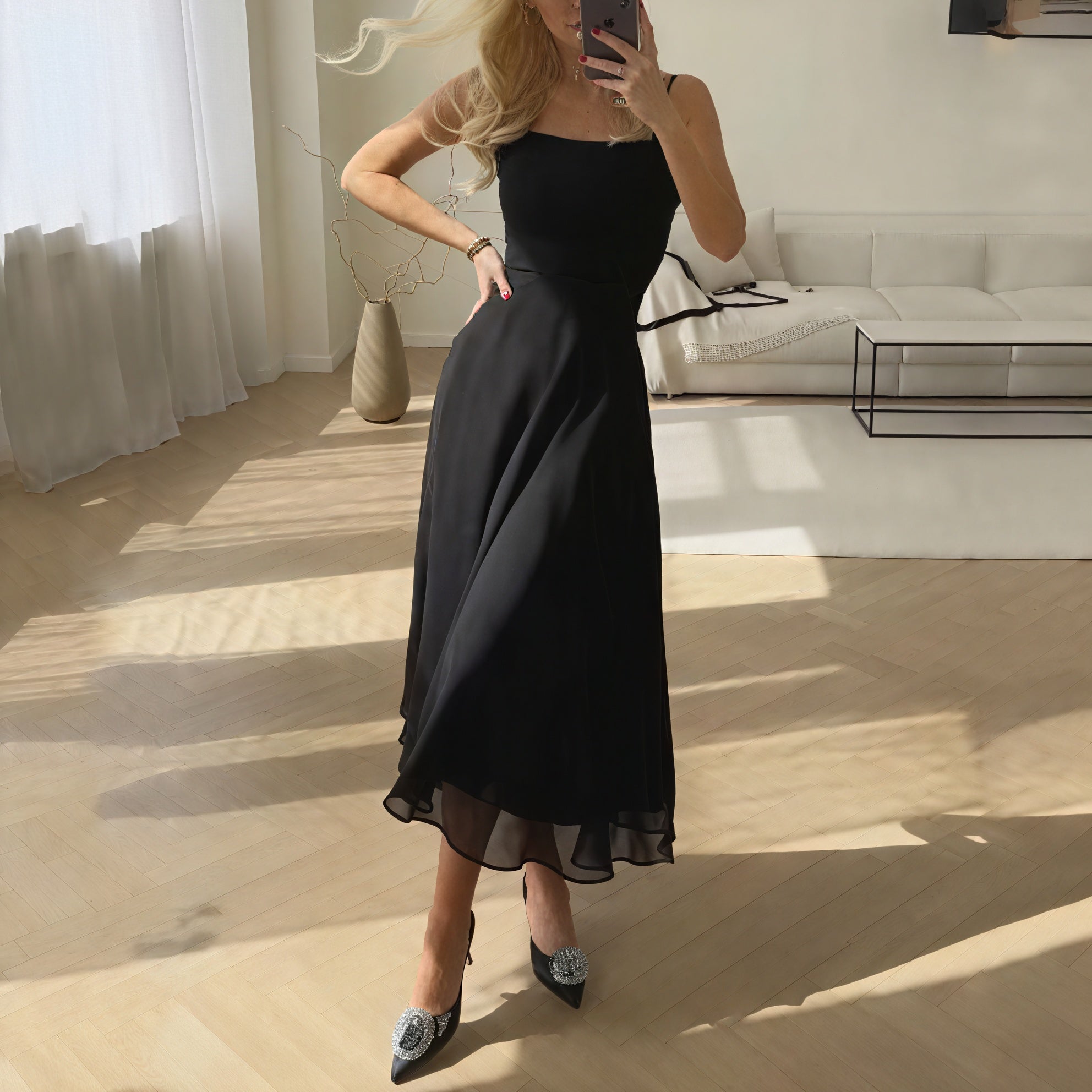 Women's Black White Blue Midi Dress – Square Neck, A-Line, Sleeveless, Silk Blend, Elegant-83171-8aefe5e4-1f96-40e1-a6a0-5ccb62fa3e10