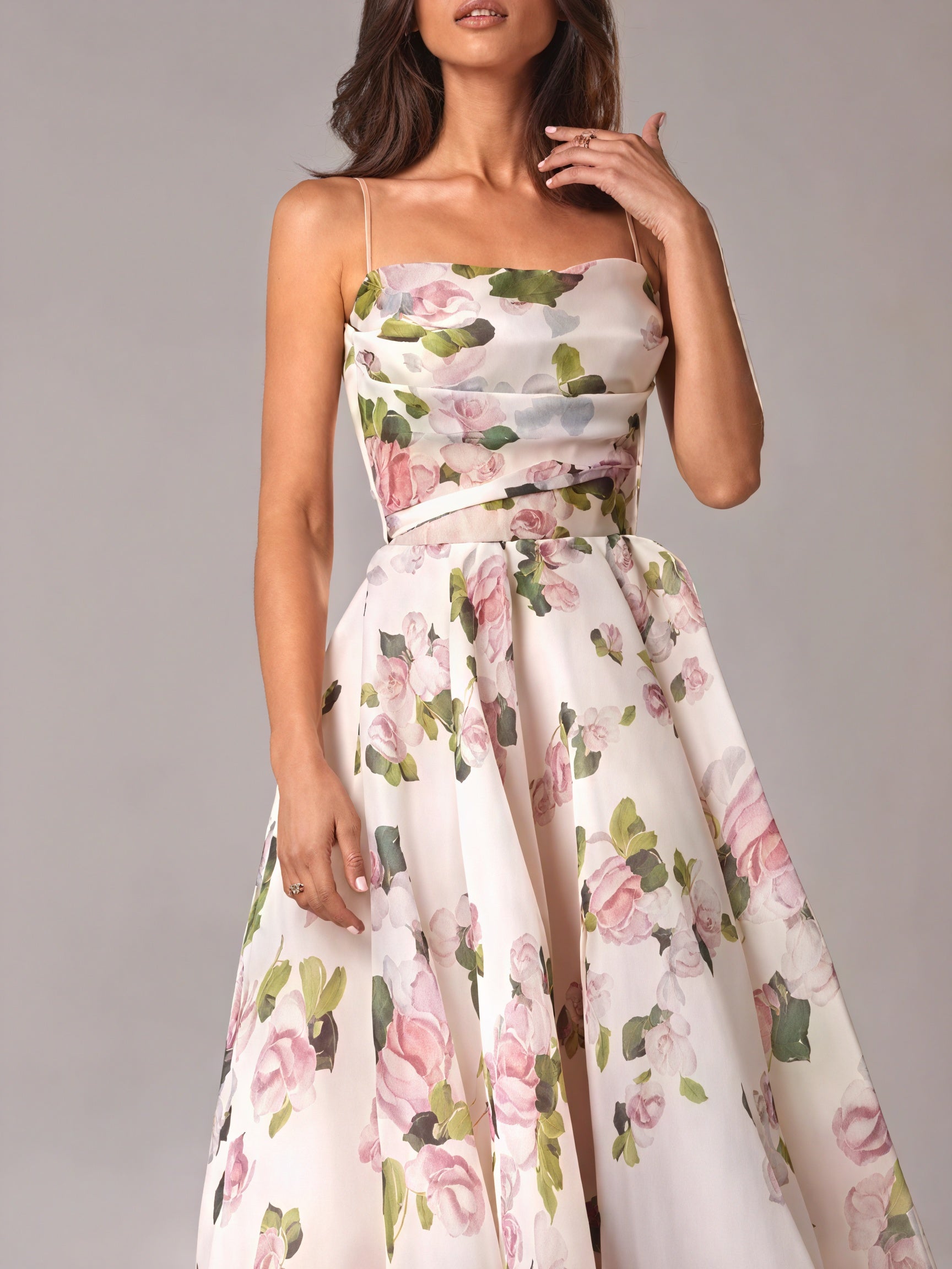 Women's Floral Midi A-Line Dress – Spaghetti Strap, Silk Blend, Elegant-83172-3cf5ad2b-85ab-490f-aab6-de387d0099ee
