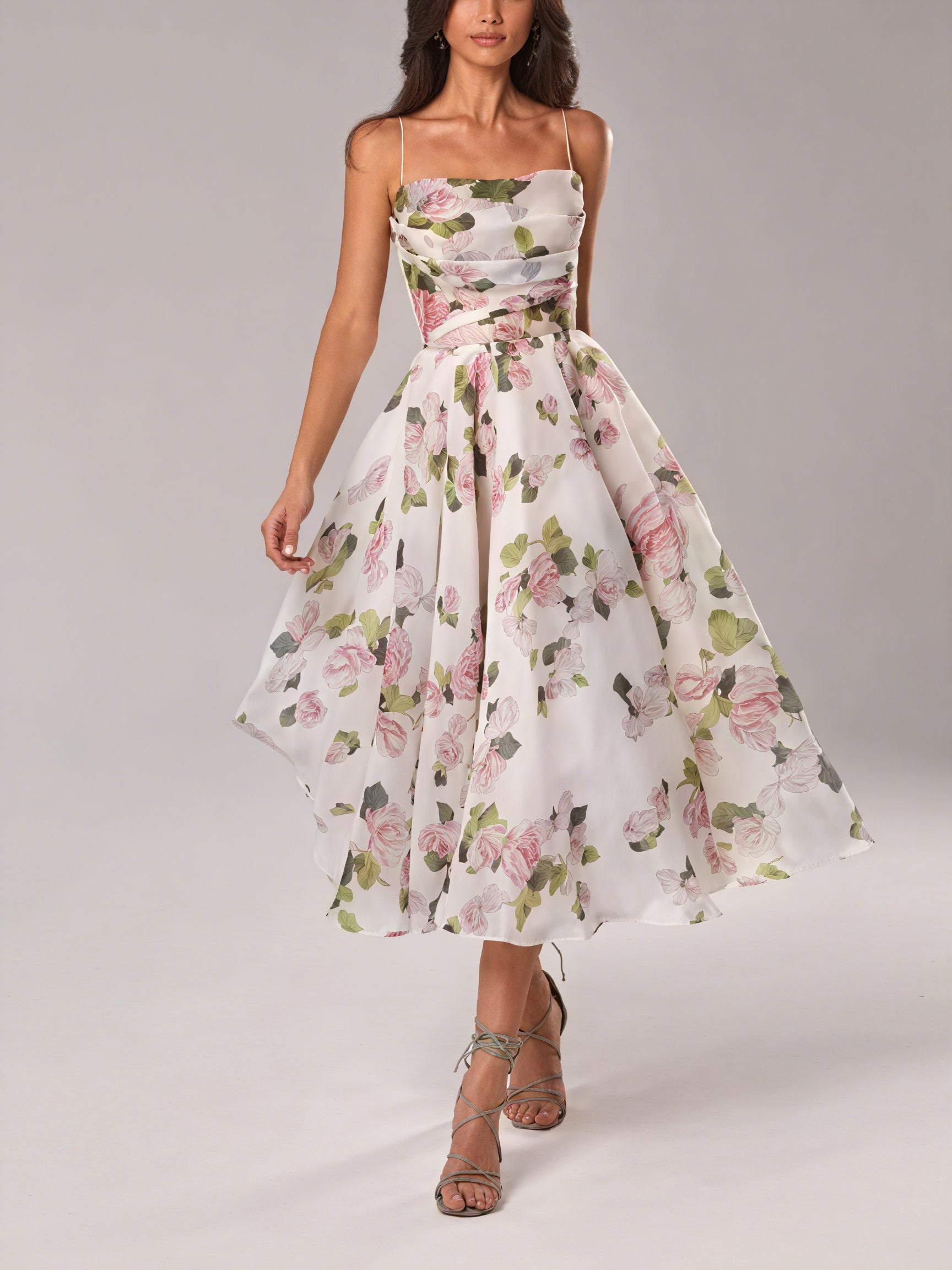Women's Floral Midi A-Line Dress – Spaghetti Strap, Silk Blend, Elegant-83172-e858f1b5-95fc-4994-9e78-b32d59a44b25