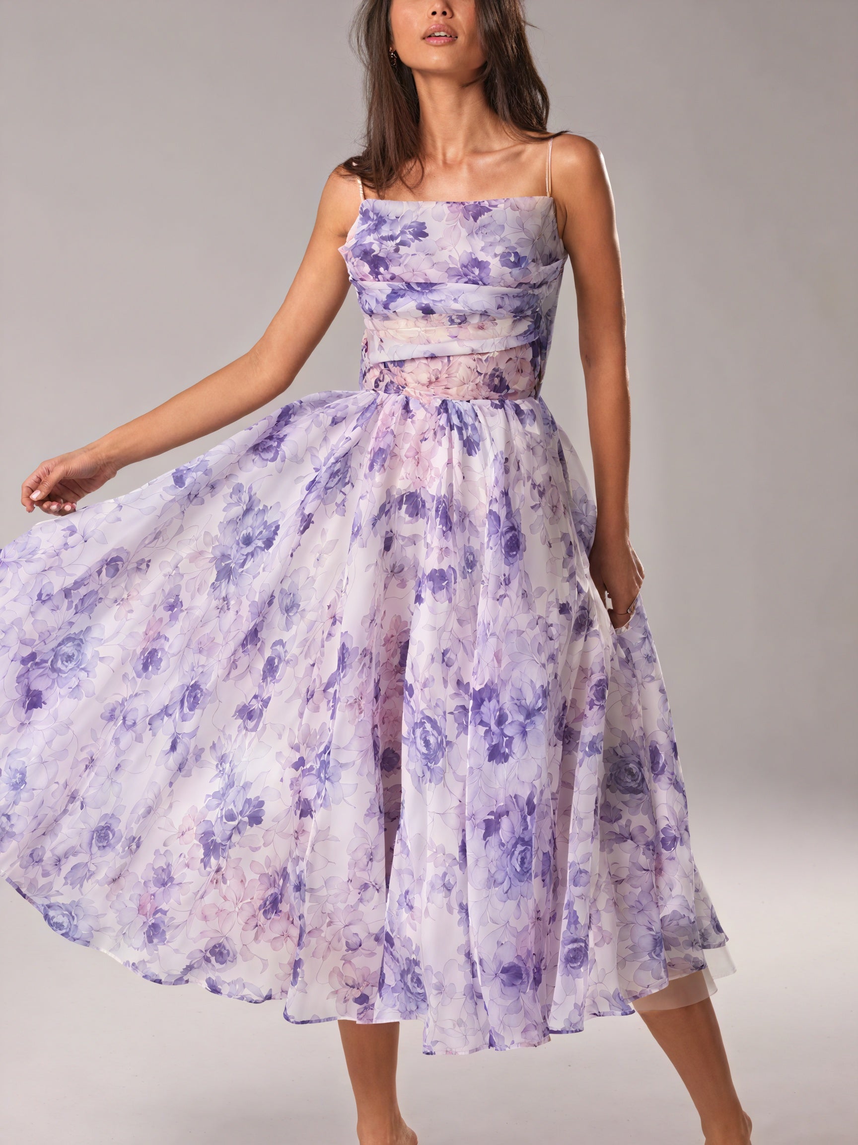 Women's Floral Midi A-Line Dress – Spaghetti Strap, Silk Blend, Elegant-83172-16521eaa-e884-496b-90f7-6f66344c4f3c