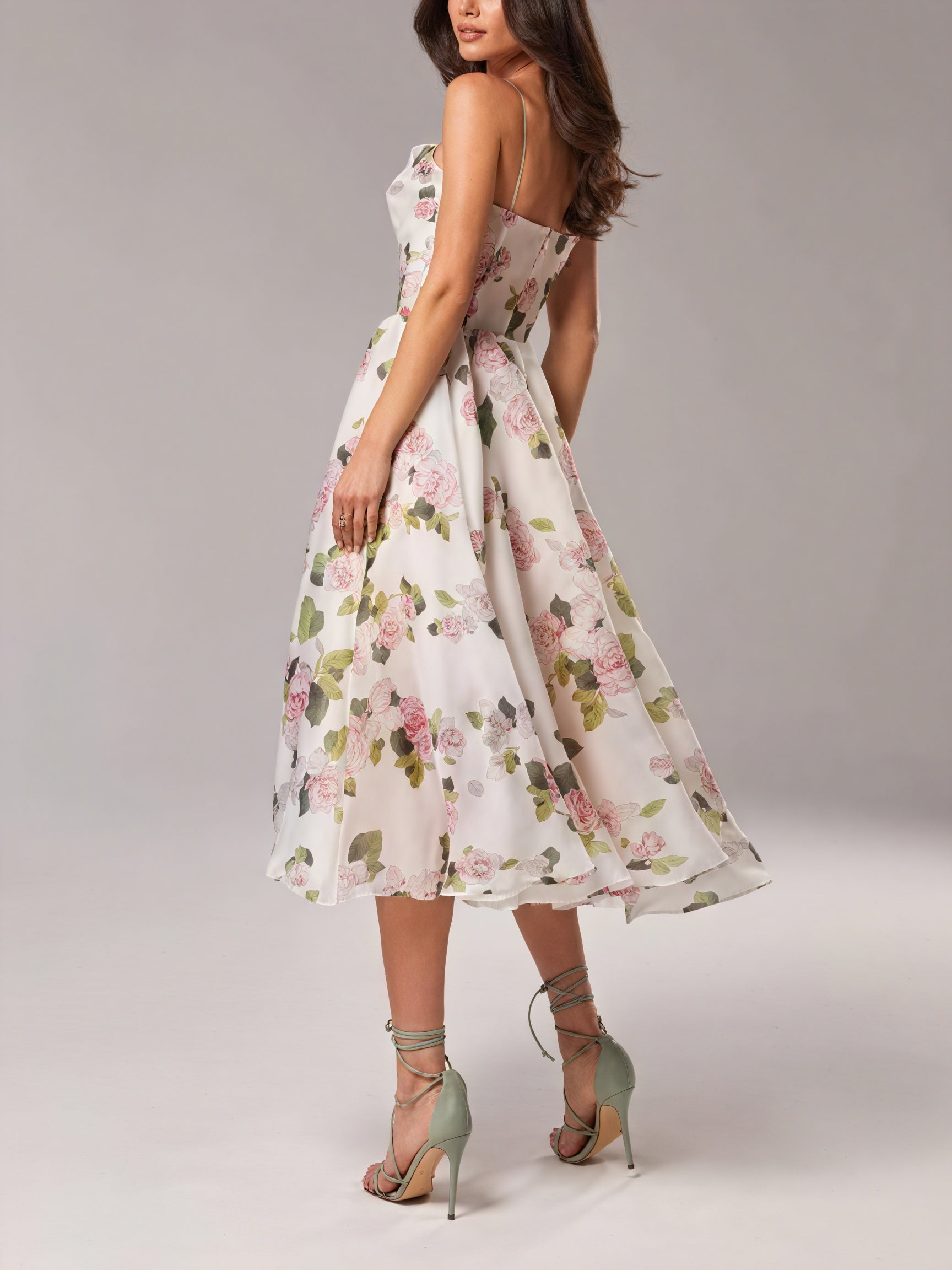 Women's Floral Midi A-Line Dress – Spaghetti Strap, Silk Blend, Elegant-83172-7859bb37-6381-4679-b87f-38c74664ecbd